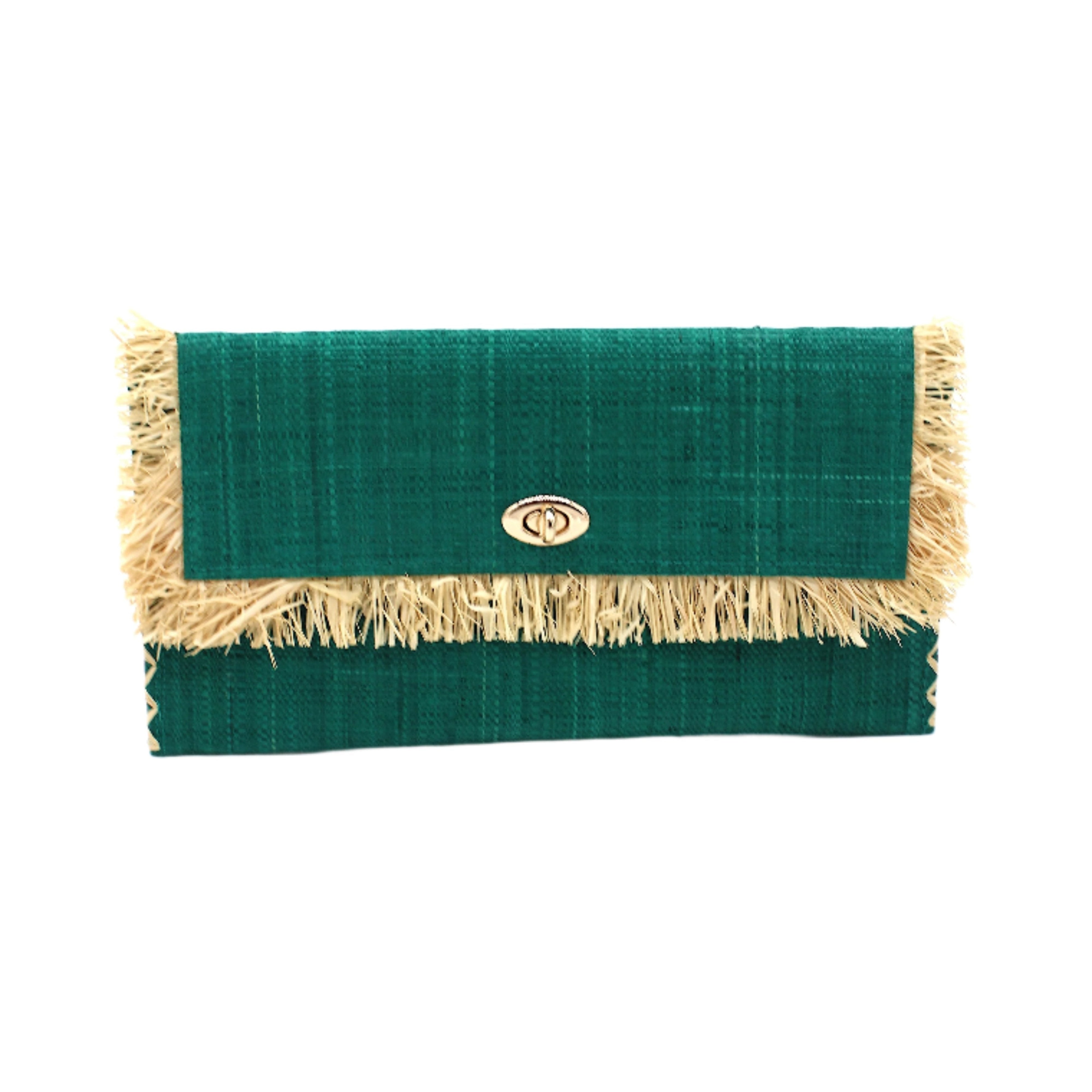 Sophie Teal Straw Clutch with Raw Fringe Edge handmade loomed raffia palm fiber in a solid hue of teal dark/blue/green purse with natural straw color fringe trim edge and matching cross stitch binding handbag - Shebobo