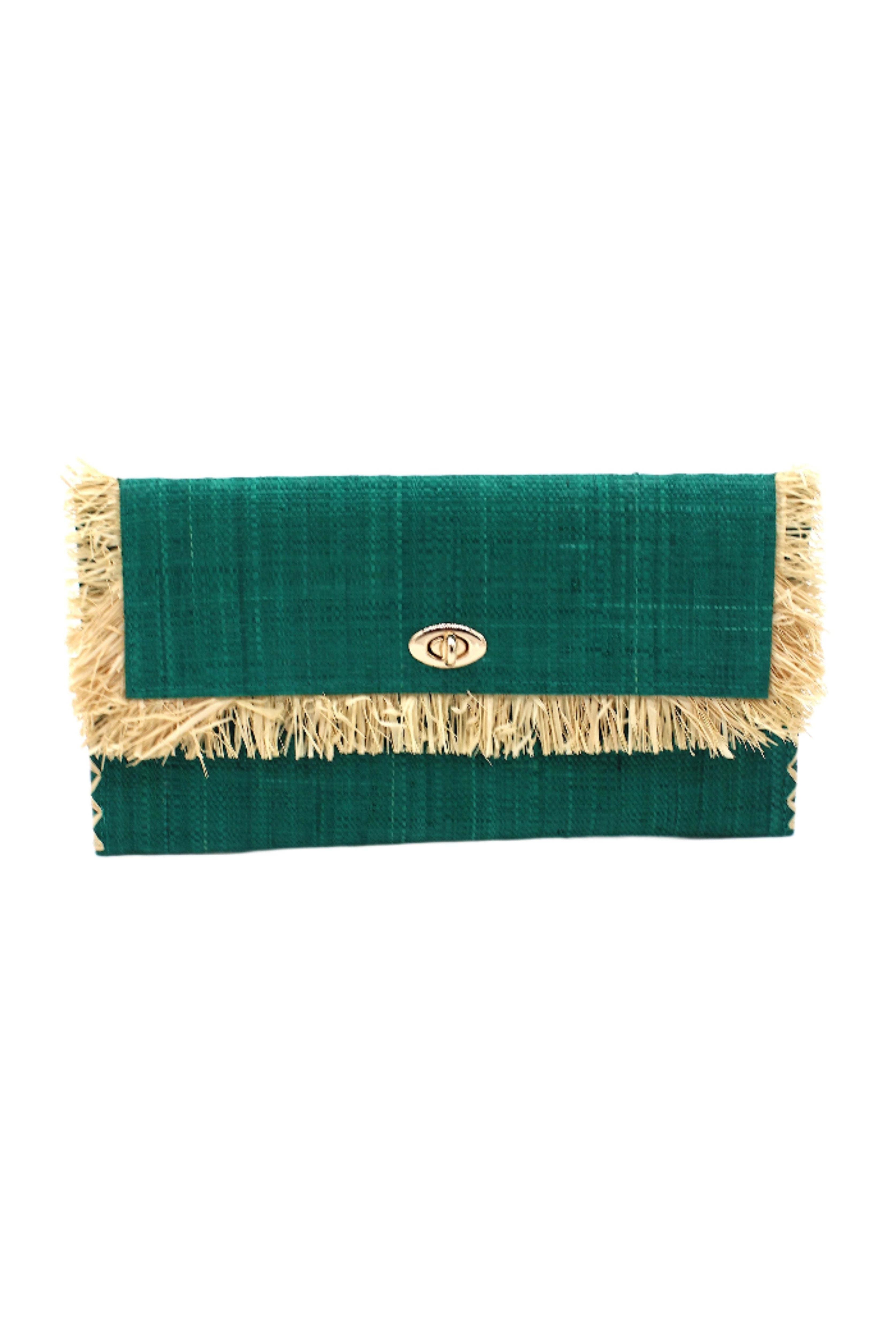 Sophie Teal Straw Clutch with Raw Fringe Edge handmade loomed raffia palm fiber in a solid hue of teal dark/blue/green purse with natural straw color fringe trim edge and matching cross stitch binding handbag - Shebobo