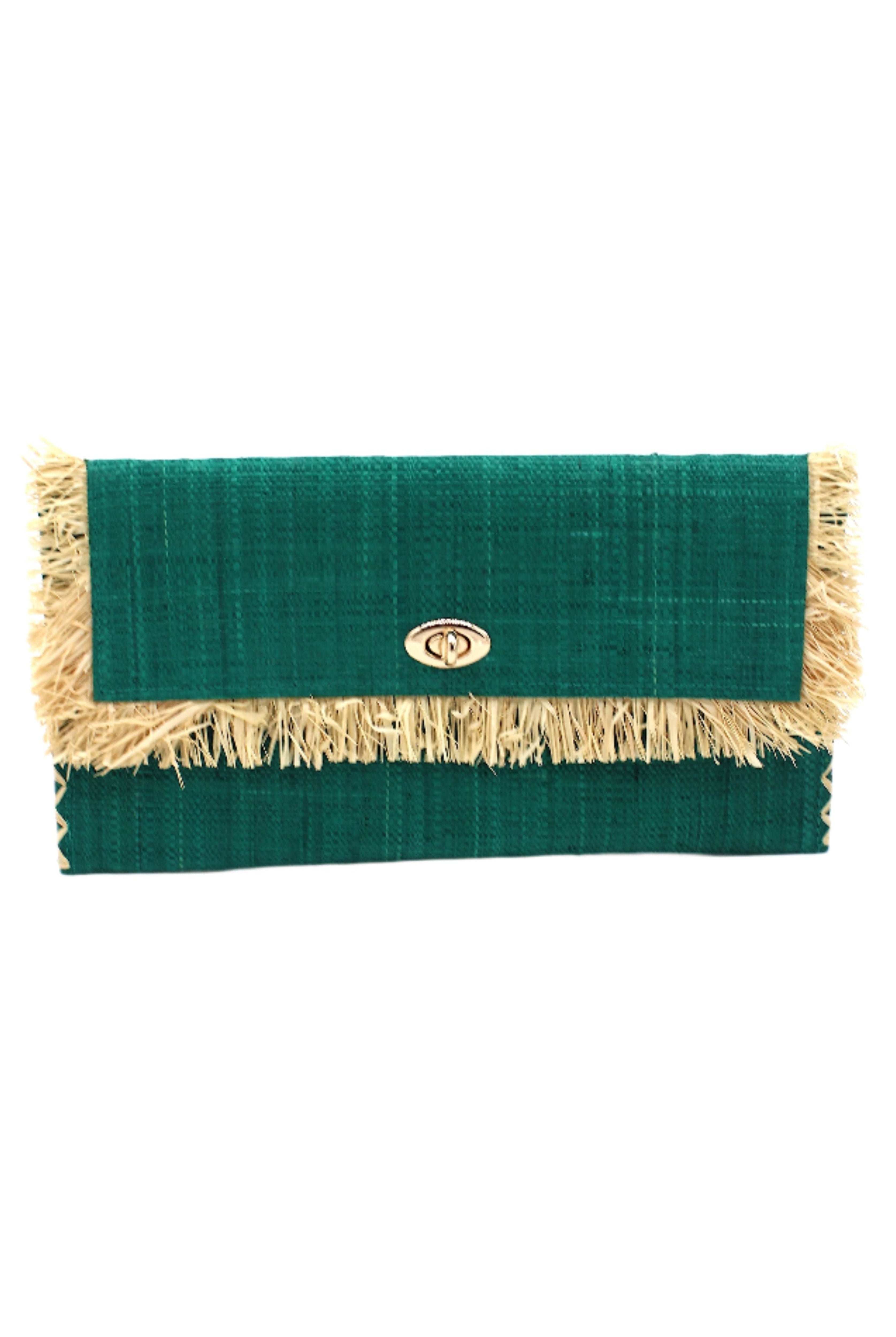 Sophie Teal Straw Clutch with Raw Fringe Edge handmade loomed raffia palm fiber in a solid hue of teal dark/blue/green purse with natural straw color fringe trim edge and matching cross stitch binding handbag - Shebobo
