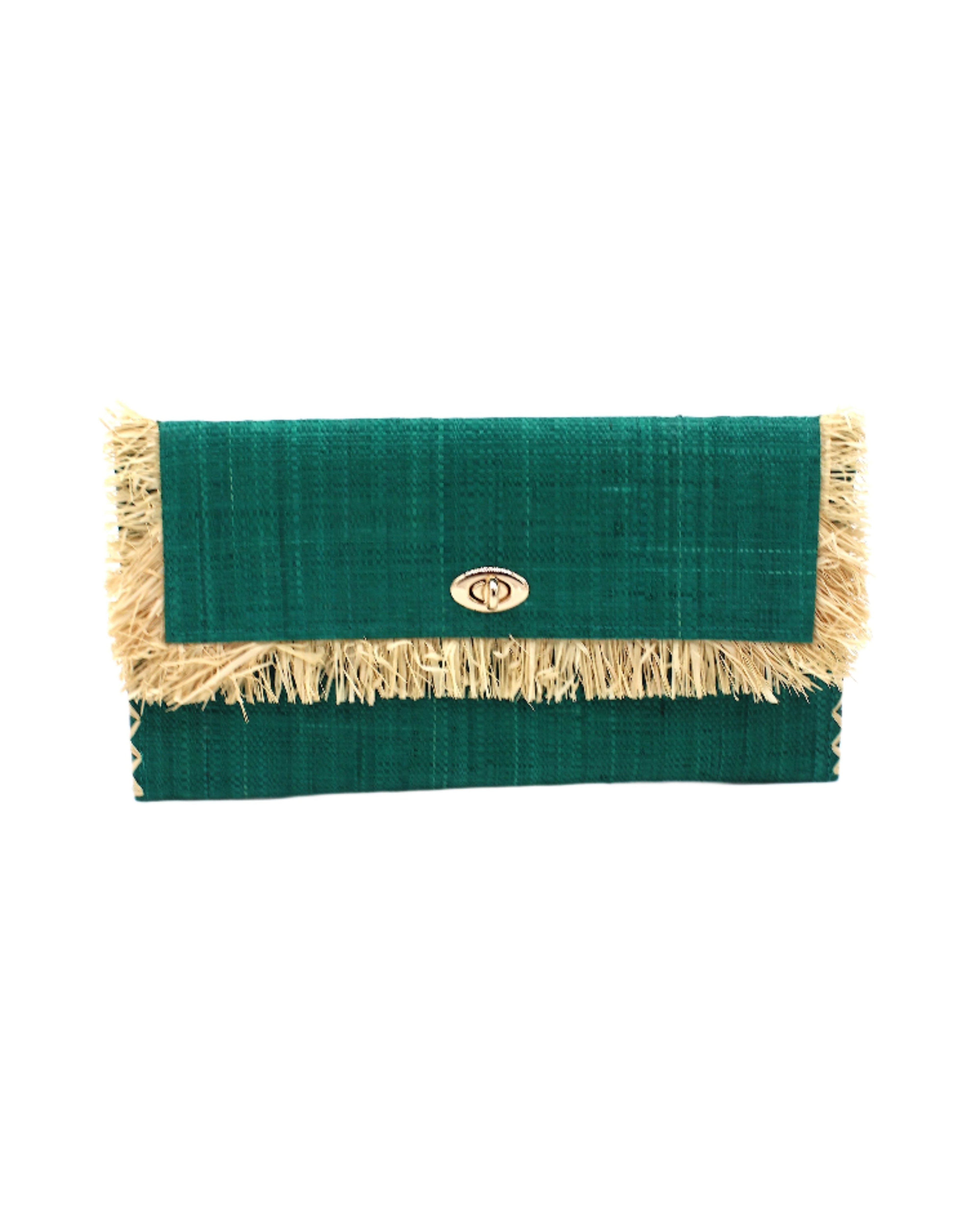Sophie Teal Straw Clutch with Raw Fringe Edge handmade loomed raffia palm fiber in a solid hue of teal dark/blue/green purse with natural straw color fringe trim edge and matching cross stitch binding handbag - Shebobo