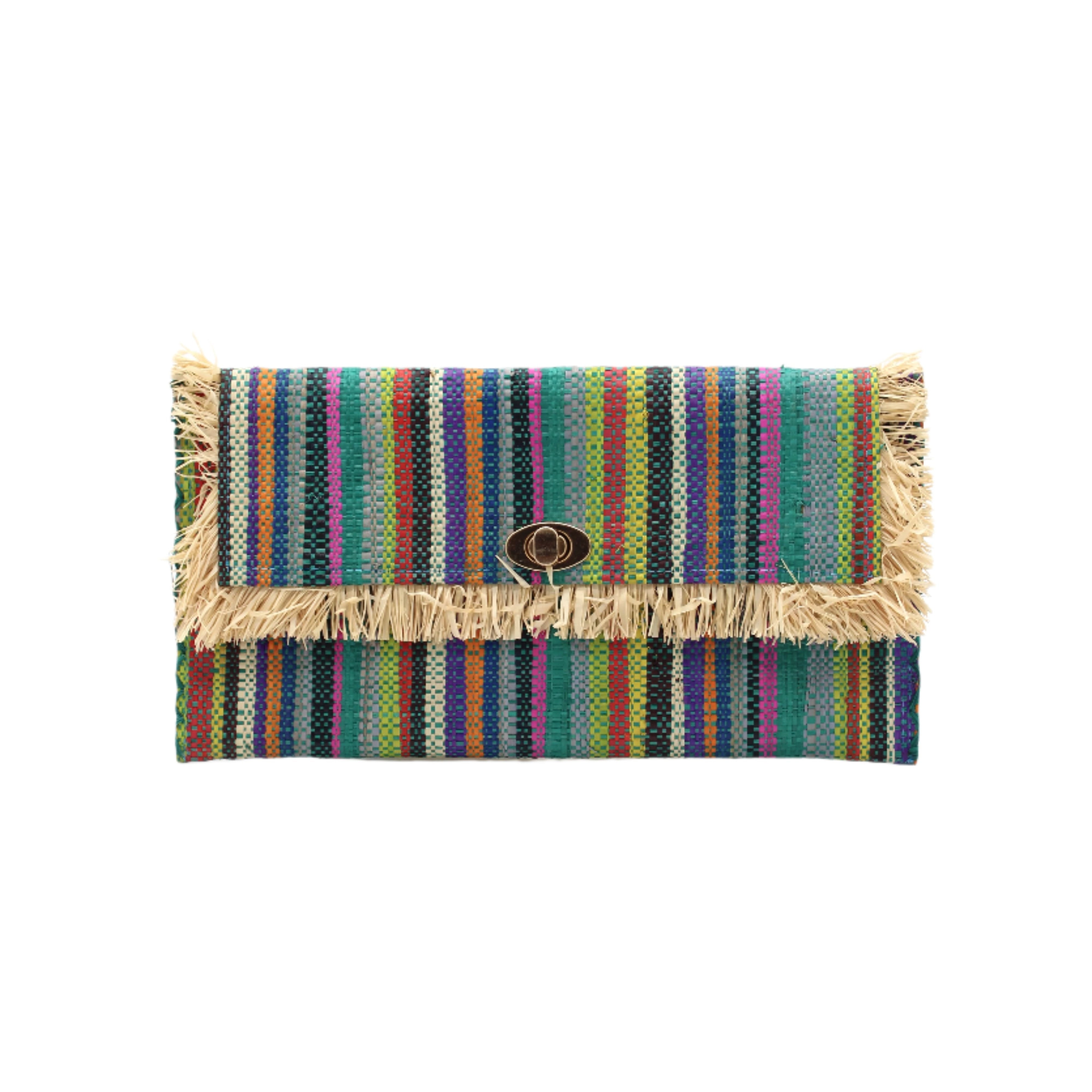 Sophie Turquoise Stripe Multicolor Stripes Straw Clutch handmade loomed raffia purse handbag in muti-width vertical bands of lime green, yellow, teal blue/green, blue, red, fuchsia pink, black, purple, grey, natural straw color, etc. with matching cross stitch edging and natural straw color raw fringe edge envelope shaped bag - Shebobo