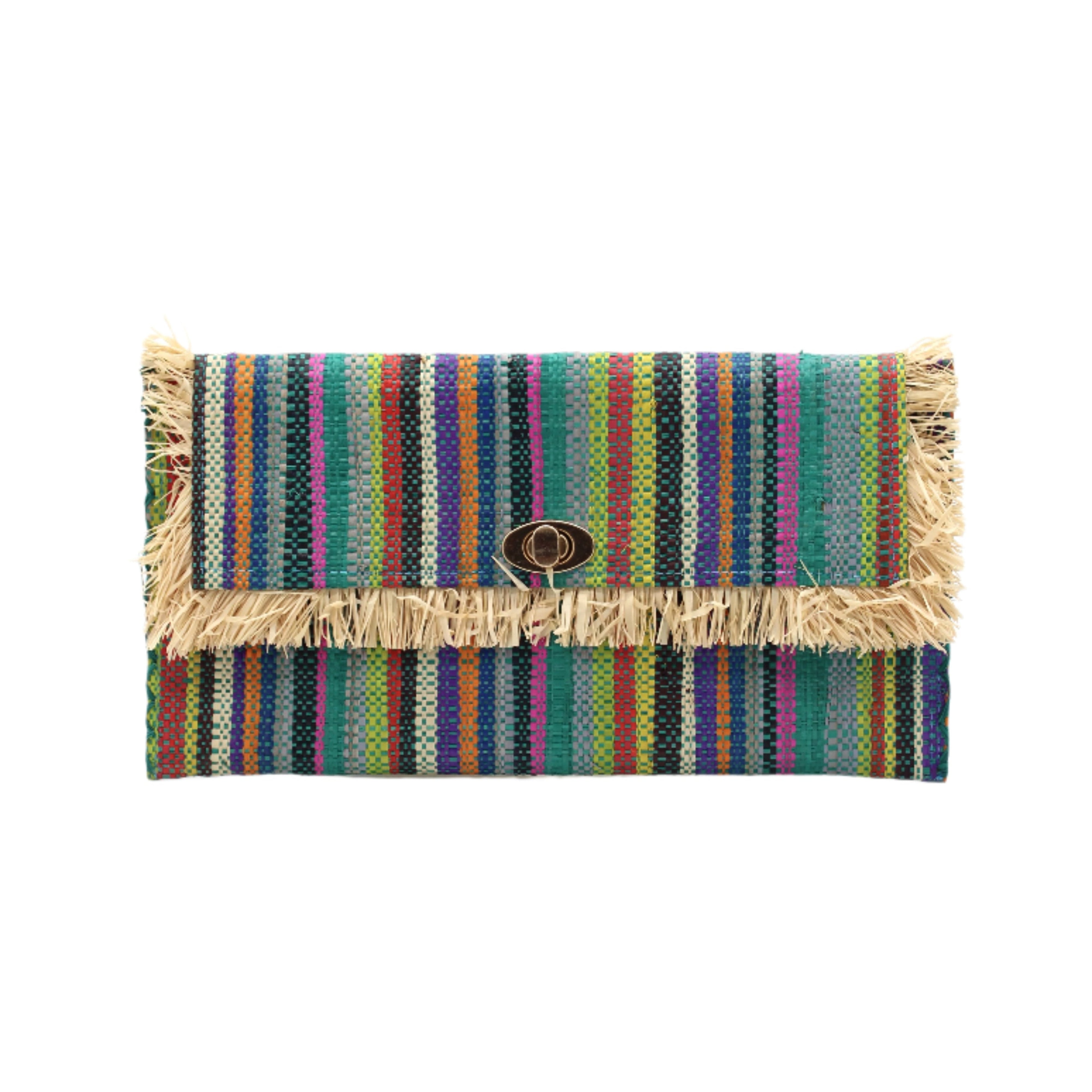Sophie Turquoise Stripe Multicolor Stripes Straw Clutch handmade loomed raffia purse handbag in muti-width vertical bands of lime green, yellow, teal blue/green, blue, red, fuchsia pink, black, purple, grey, natural straw color, etc. with matching cross stitch edging and natural straw color raw fringe edge envelope shaped bag - Shebobo
