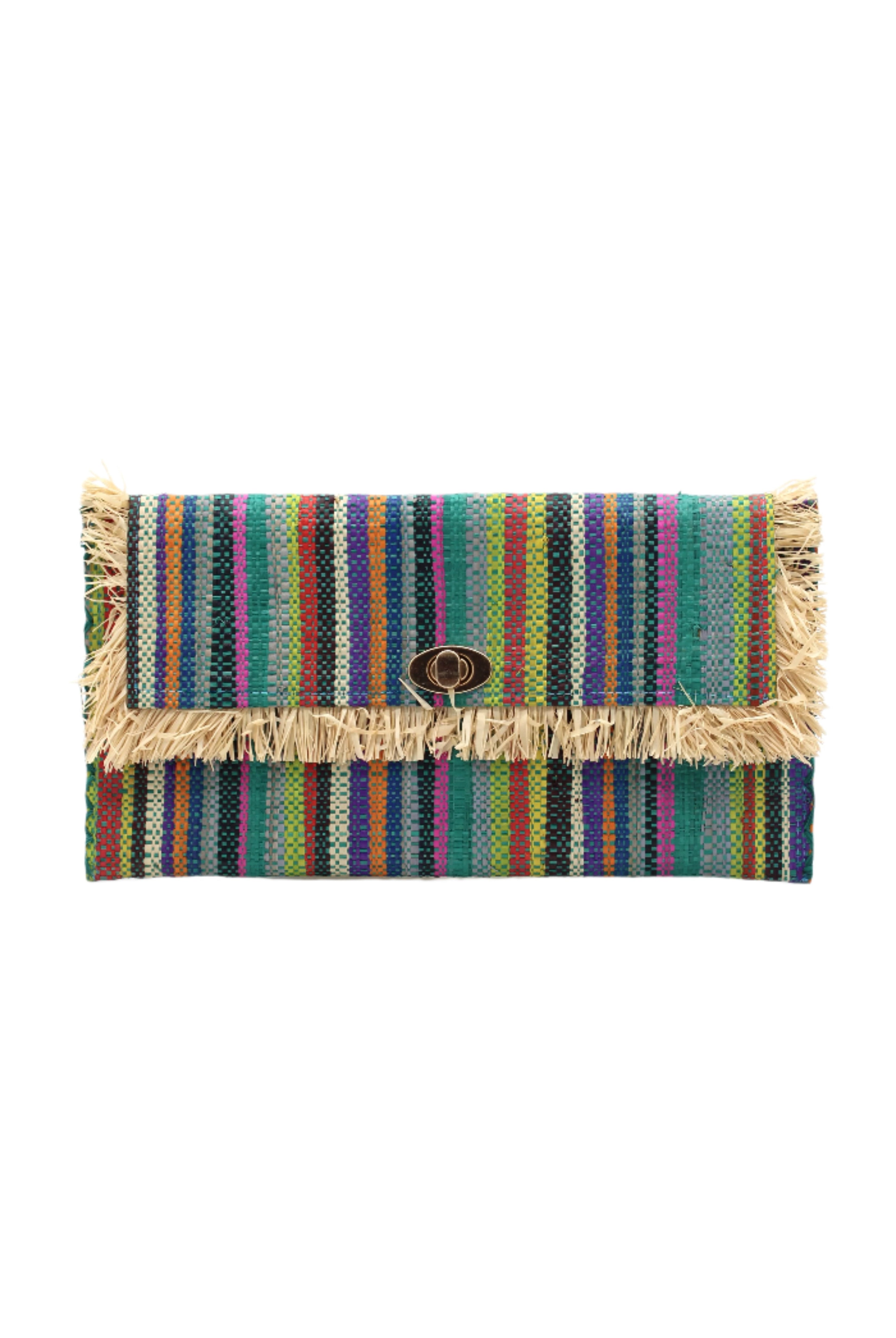 Sophie Turquoise Stripe Multicolor Stripes Straw Clutch handmade loomed raffia purse handbag in muti-width vertical bands of lime green, yellow, teal blue/green, blue, red, fuchsia pink, black, purple, grey, natural straw color, etc. with matching cross stitch edging and natural straw color raw fringe edge envelope shaped bag - Shebobo