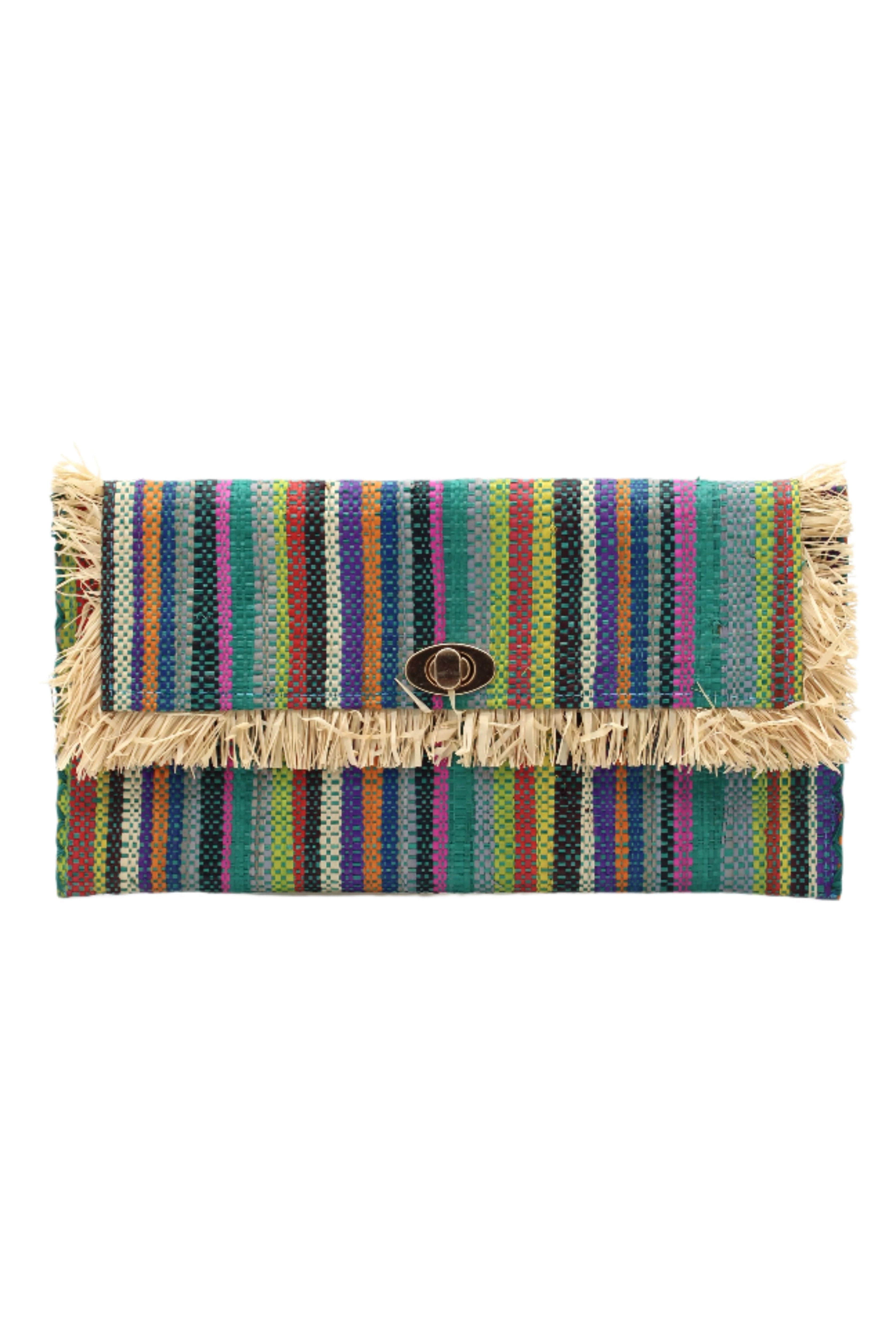 Sophie Turquoise Stripe Multicolor Stripes Straw Clutch handmade loomed raffia purse handbag in muti-width vertical bands of lime green, yellow, teal blue/green, blue, red, fuchsia pink, black, purple, grey, natural straw color, etc. with matching cross stitch edging and natural straw color raw fringe edge envelope shaped bag - Shebobo