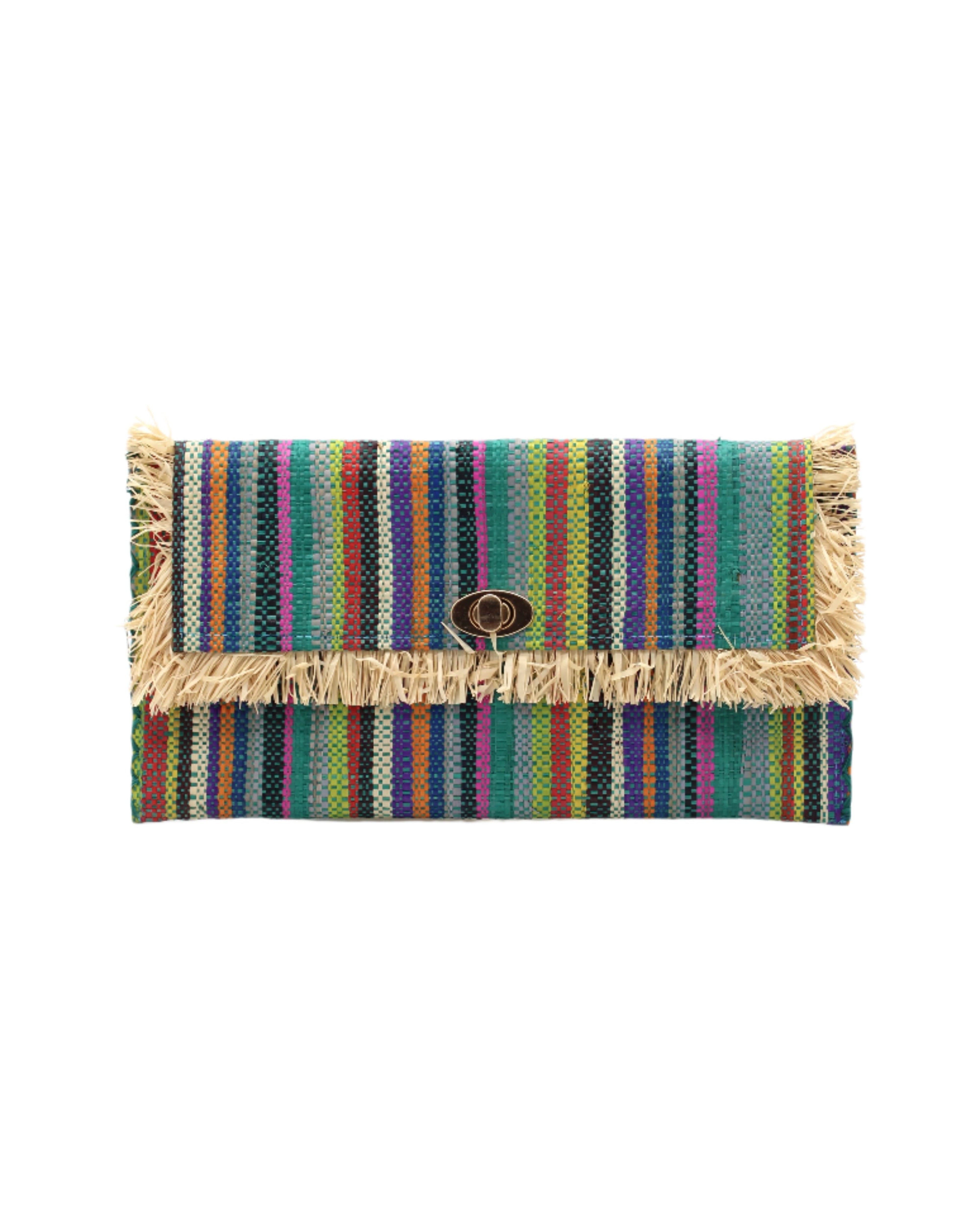 Sophie Turquoise Stripe Multicolor Stripes Straw Clutch handmade loomed raffia purse handbag in muti-width vertical bands of lime green, yellow, teal blue/green, blue, red, fuchsia pink, black, purple, grey, natural straw color, etc. with matching cross stitch edging and natural straw color raw fringe edge envelope shaped bag - Shebobo