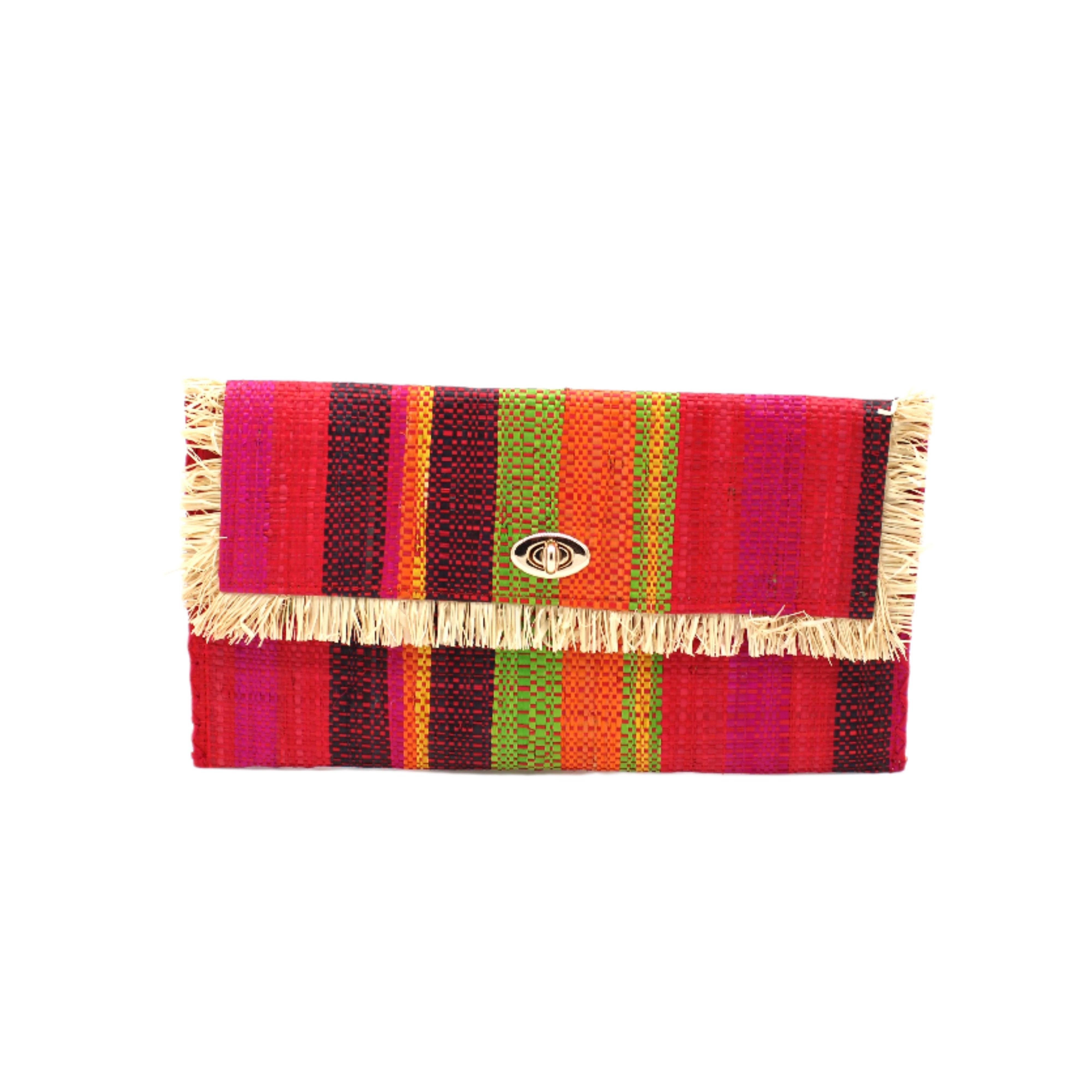 Sophie Watermelon Swirl Multicolor Stripes Straw Clutch handmade loomed raffia purse handbag in muti-width vertical bands of lime green, fuchsia pink, red, orange, yellow, and black with matching cross stitch edging and natural straw color raw fringe edge envelope shaped bag - Shebobo