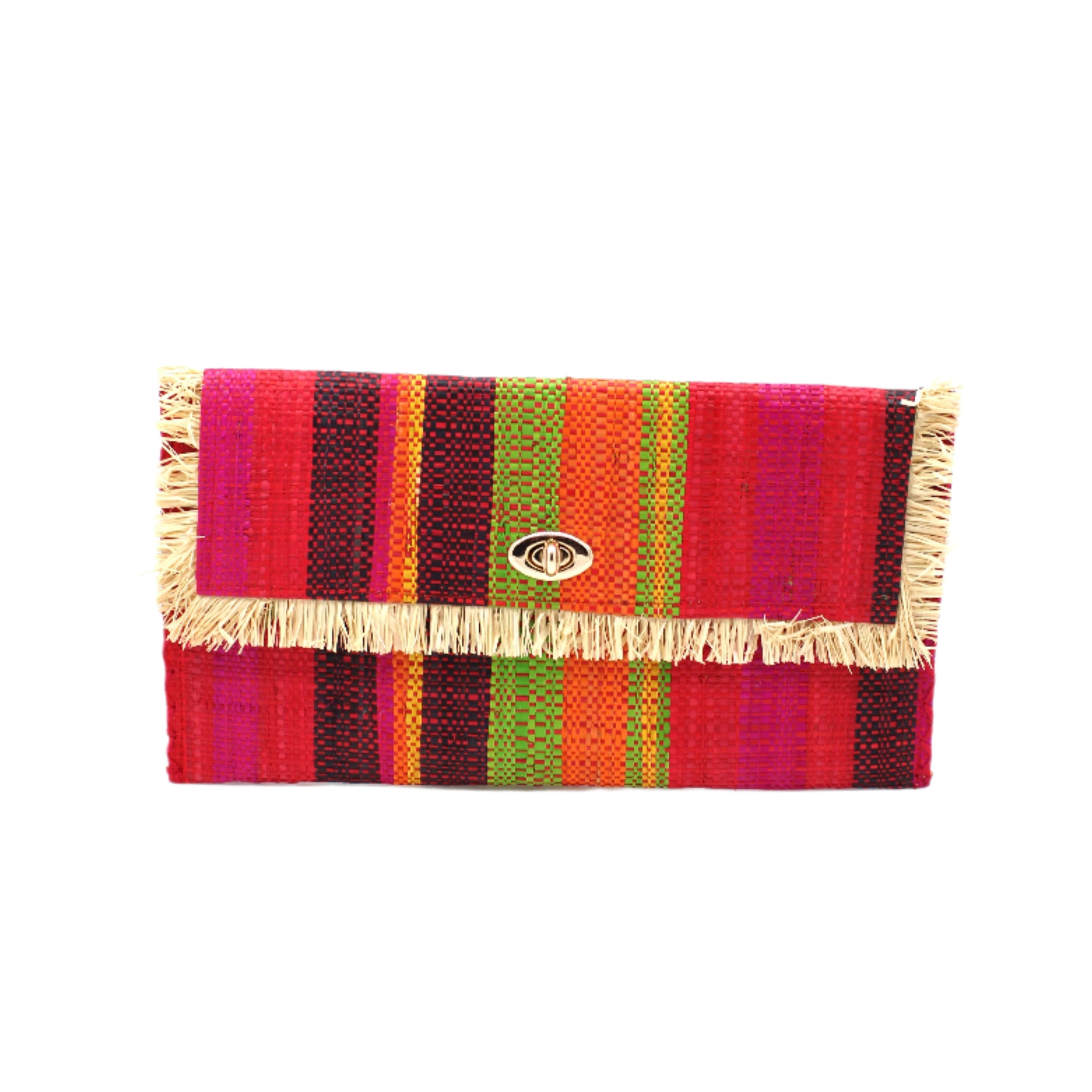 Sophie Watermelon Swirl Multicolor Stripes Straw Clutch handmade loomed raffia purse handbag in muti-width vertical bands of lime green, fuchsia pink, red, orange, yellow, and black with matching cross stitch edging and natural straw color raw fringe edge envelope shaped bag - Shebobo