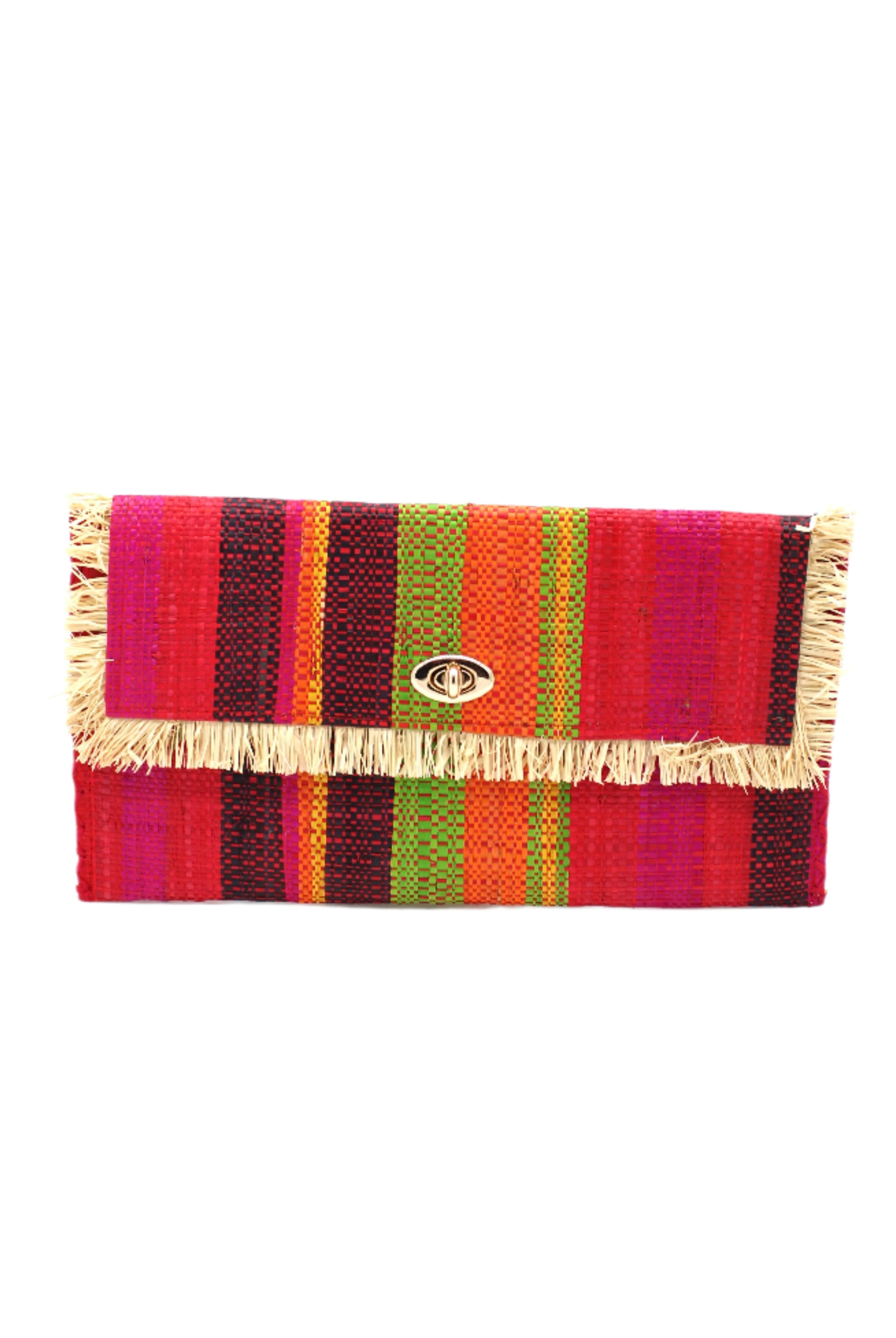 Sophie Watermelon Swirl Multicolor Stripes Straw Clutch handmade loomed raffia purse handbag in muti-width vertical bands of lime green, fuchsia pink, red, orange, yellow, and black with matching cross stitch edging and natural straw color raw fringe edge envelope shaped bag - Shebobo