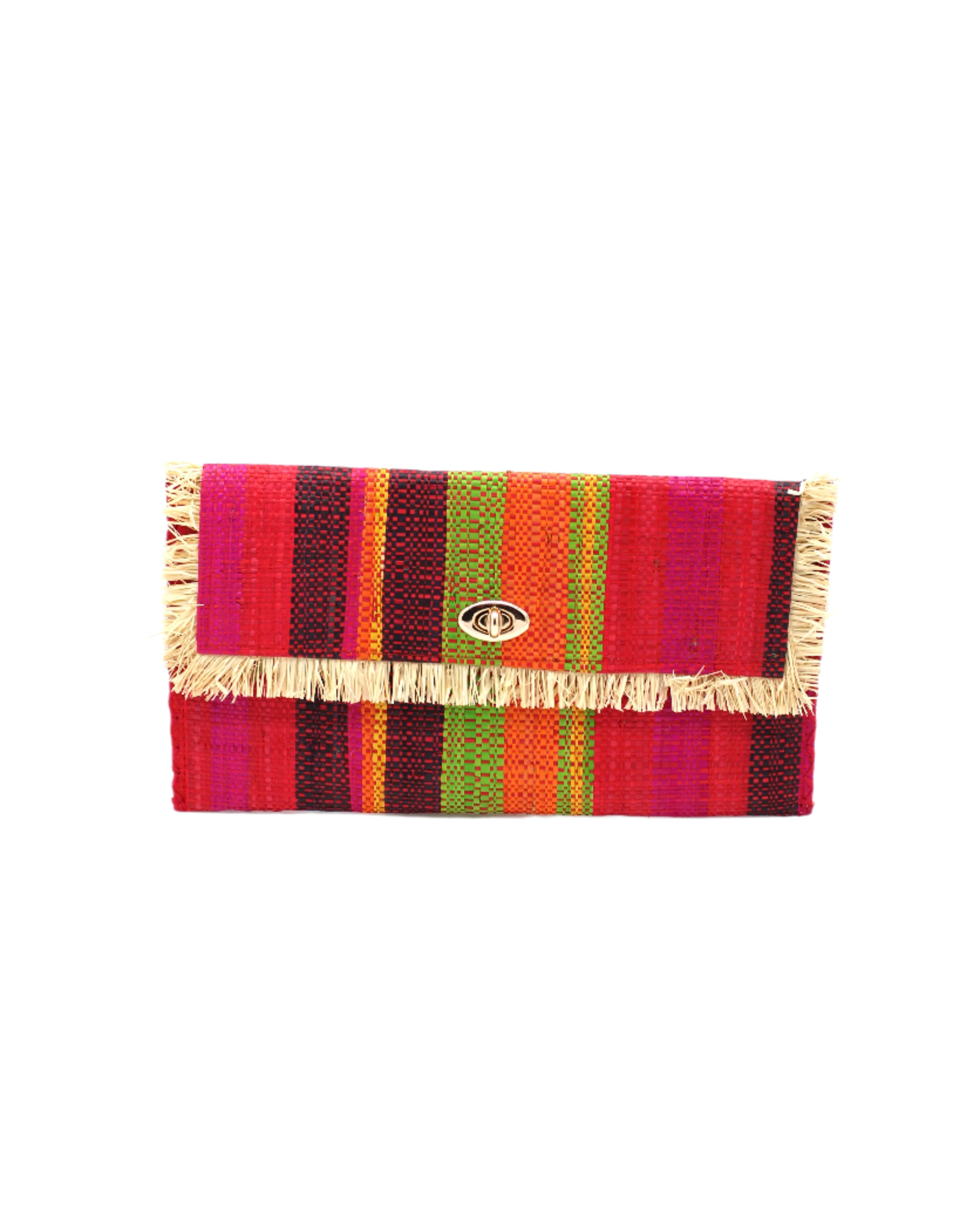 Sophie Watermelon Swirl Multicolor Stripes Straw Clutch handmade loomed raffia purse handbag in muti-width vertical bands of lime green, fuchsia pink, red, orange, yellow, and black with matching cross stitch edging and natural straw color raw fringe edge envelope shaped bag - Shebobo