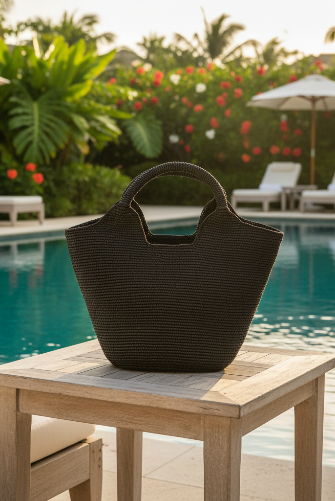 Lifestyle view St. Tropez Heart Shaped Crochet Straw Basket Handbag handmade crochet natural raffia palm fiber in a solid hue of Black with a subtle link texture beach bag shoulder bag - Shebobo