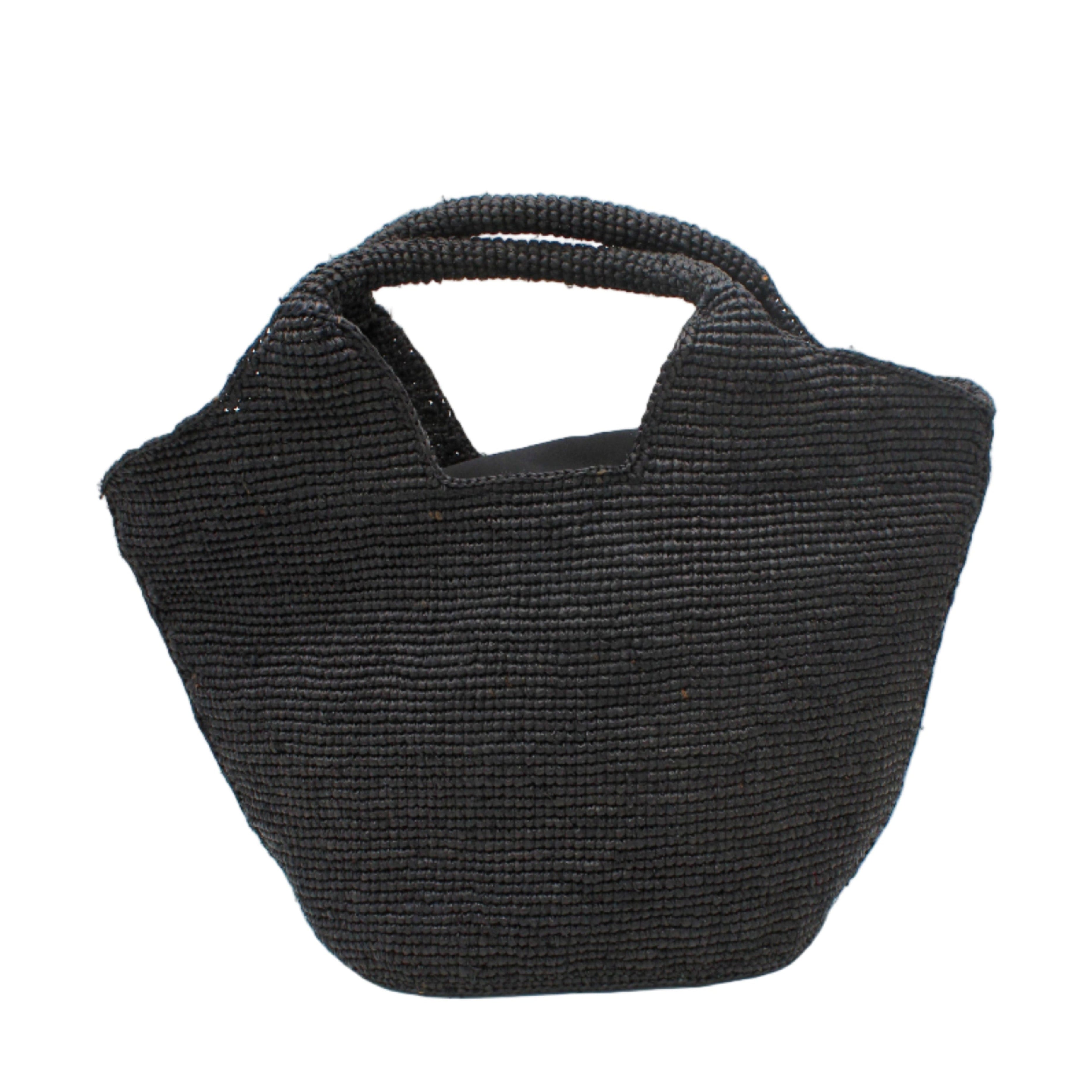 St. Tropez Heart Shaped Crochet Straw Basket Handbag handmade crochet natural raffia palm fiber in a solid hue of Black with a subtle link texture beach bag shoulder bag - Shebobo