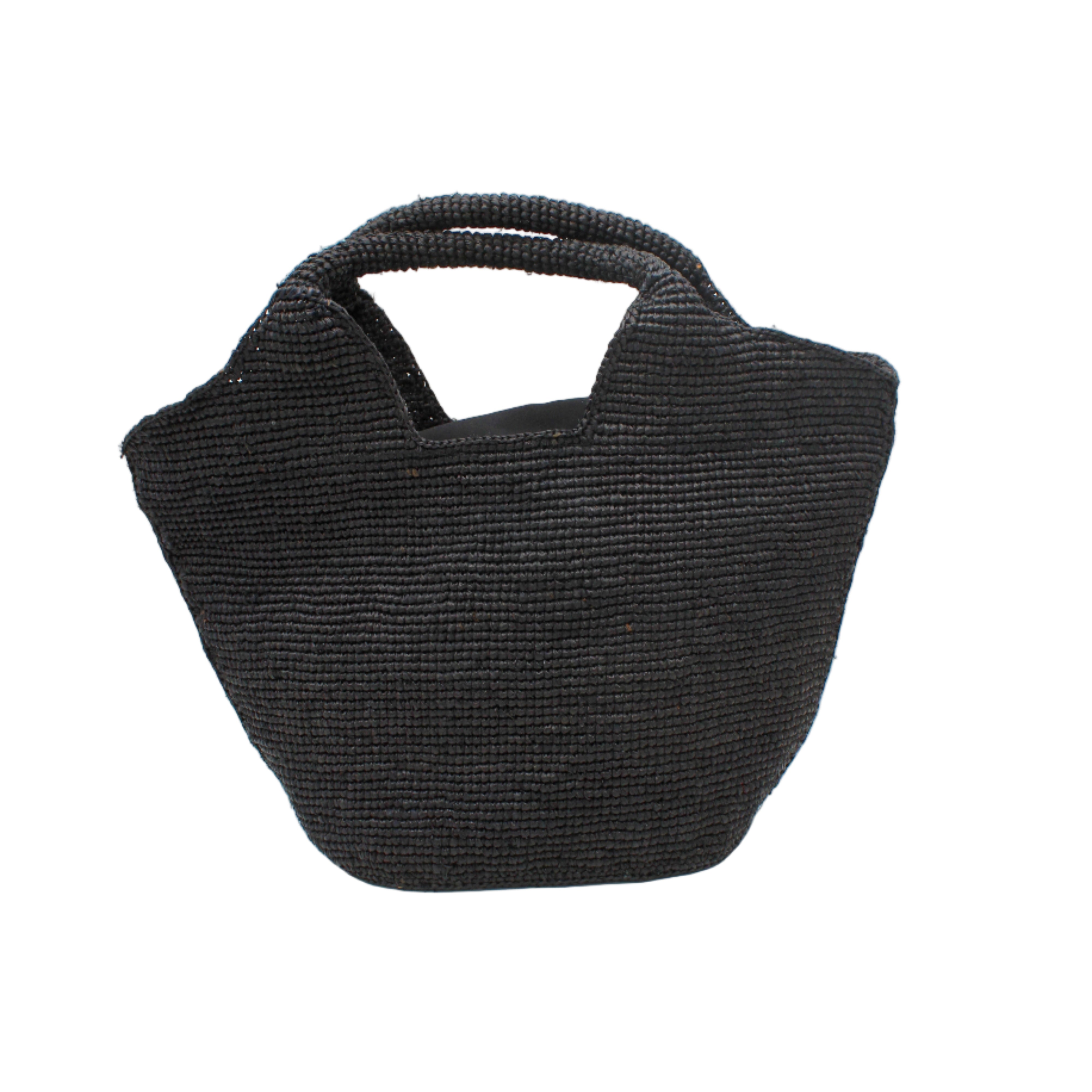 Side view St. Tropez Heart Shaped Crochet Straw Basket Handbag handmade crochet natural raffia palm fiber in a solid hue of Black with a subtle link texture beach bag shoulder bag - Shebobo