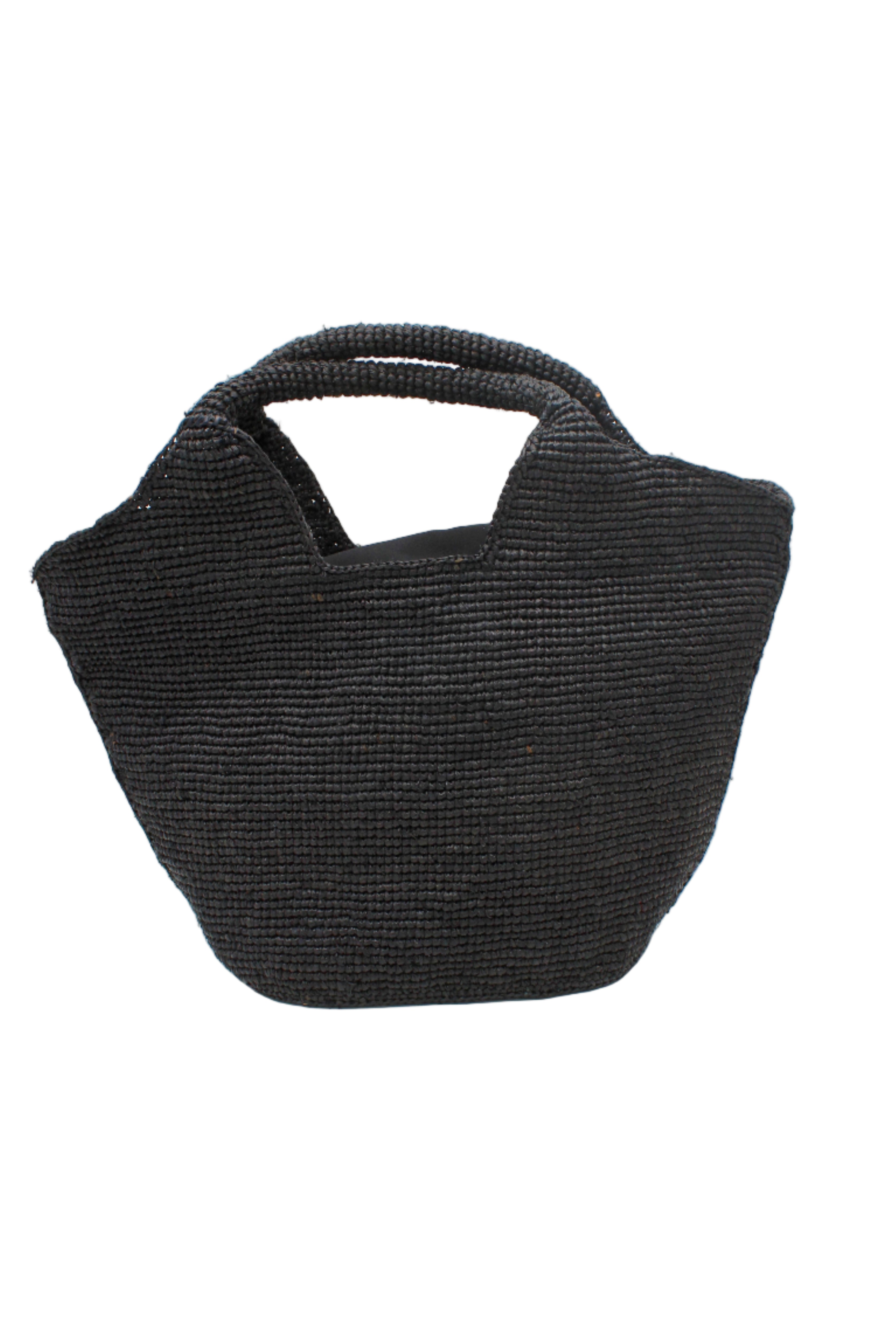 Side view St. Tropez Heart Shaped Crochet Straw Basket Handbag handmade crochet natural raffia palm fiber in a solid hue of Black with a subtle link texture beach bag shoulder bag - Shebobo