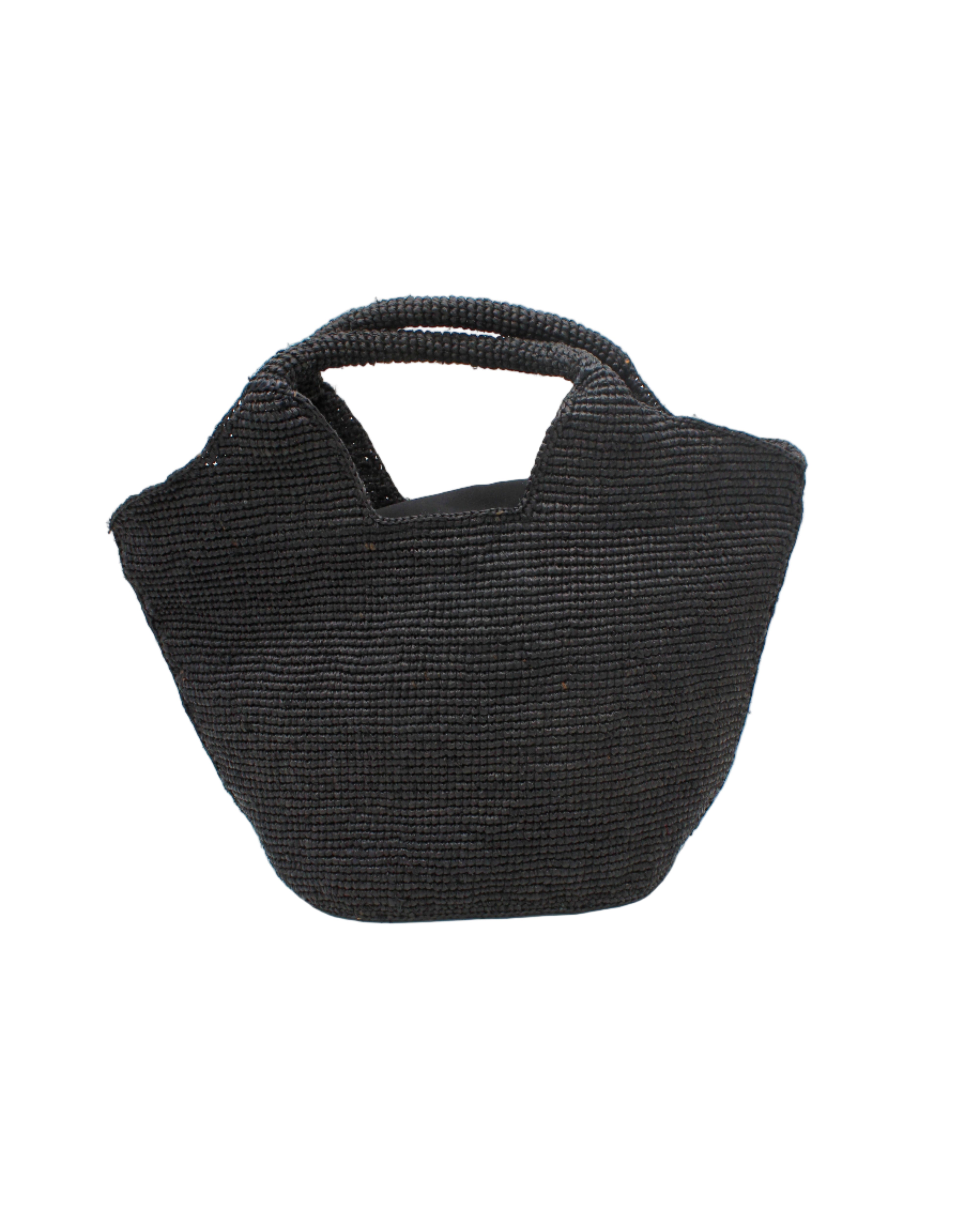 Side view St. Tropez Heart Shaped Crochet Straw Basket Handbag handmade crochet natural raffia palm fiber in a solid hue of Black with a subtle link texture beach bag shoulder bag - Shebobo