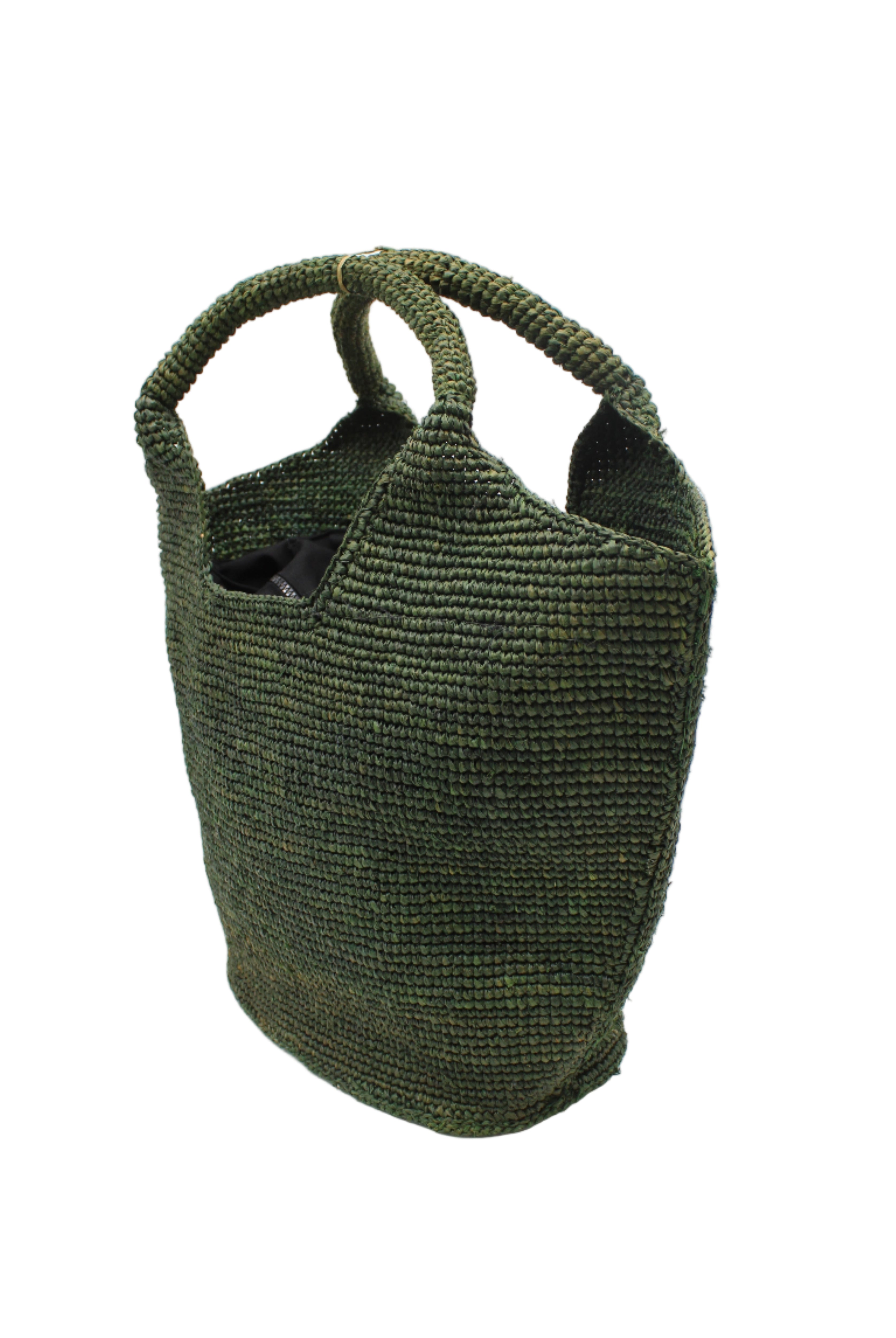 Side view St. Tropez Heart Shaped Crochet Straw Basket Handbag handmade crochet natural raffia palm fiber in a solid hue of Deep Green dark/forrest/green with a subtle link texture beach bag shoulder bag - Shebobo