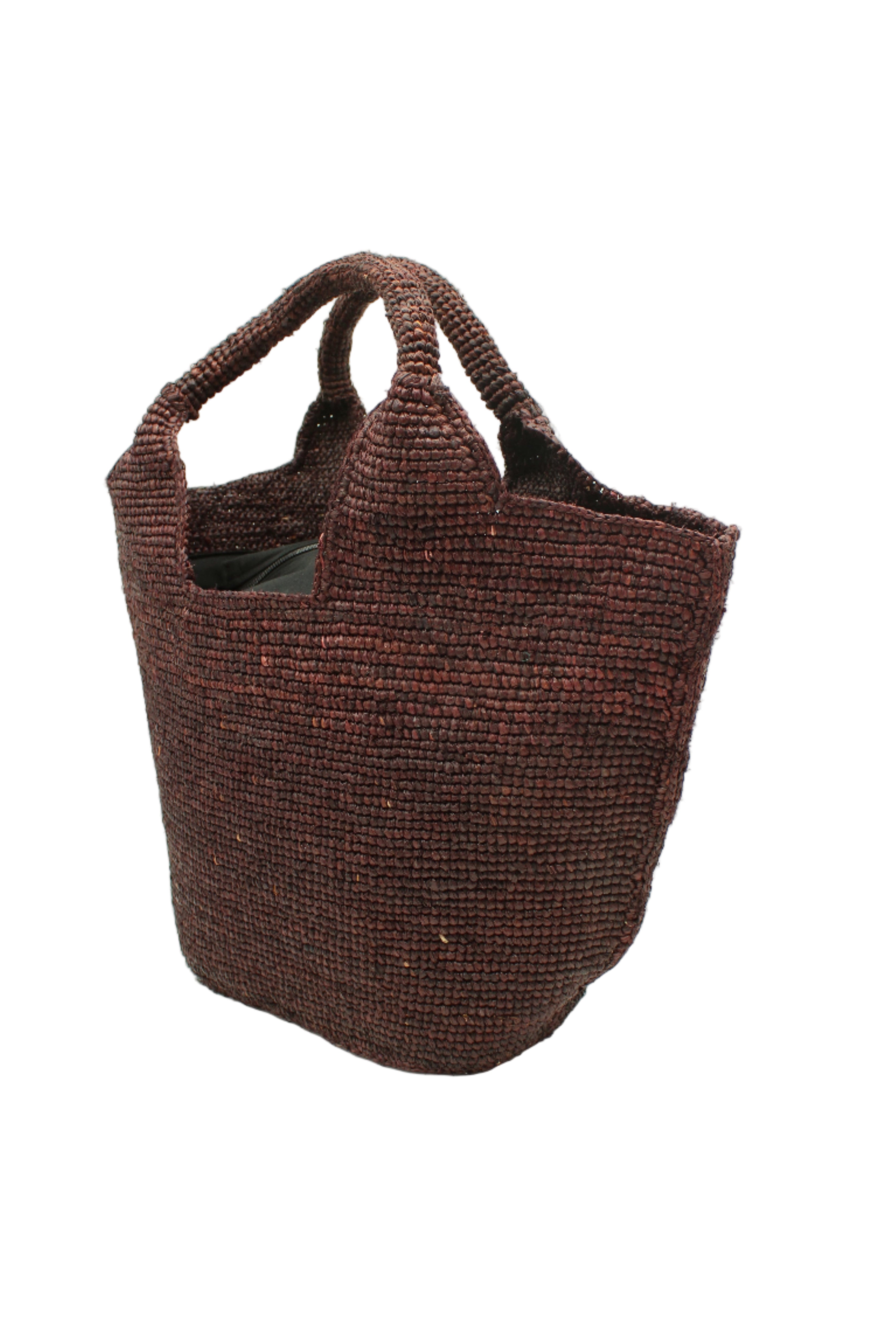 Side view St. Tropez Heart Shaped Crochet Straw Basket Handbag handmade crochet natural raffia palm fiber in a solid hue of Mocha chocolate/dark/brown with a subtle link texture beach bag shoulder bag - Shebobo