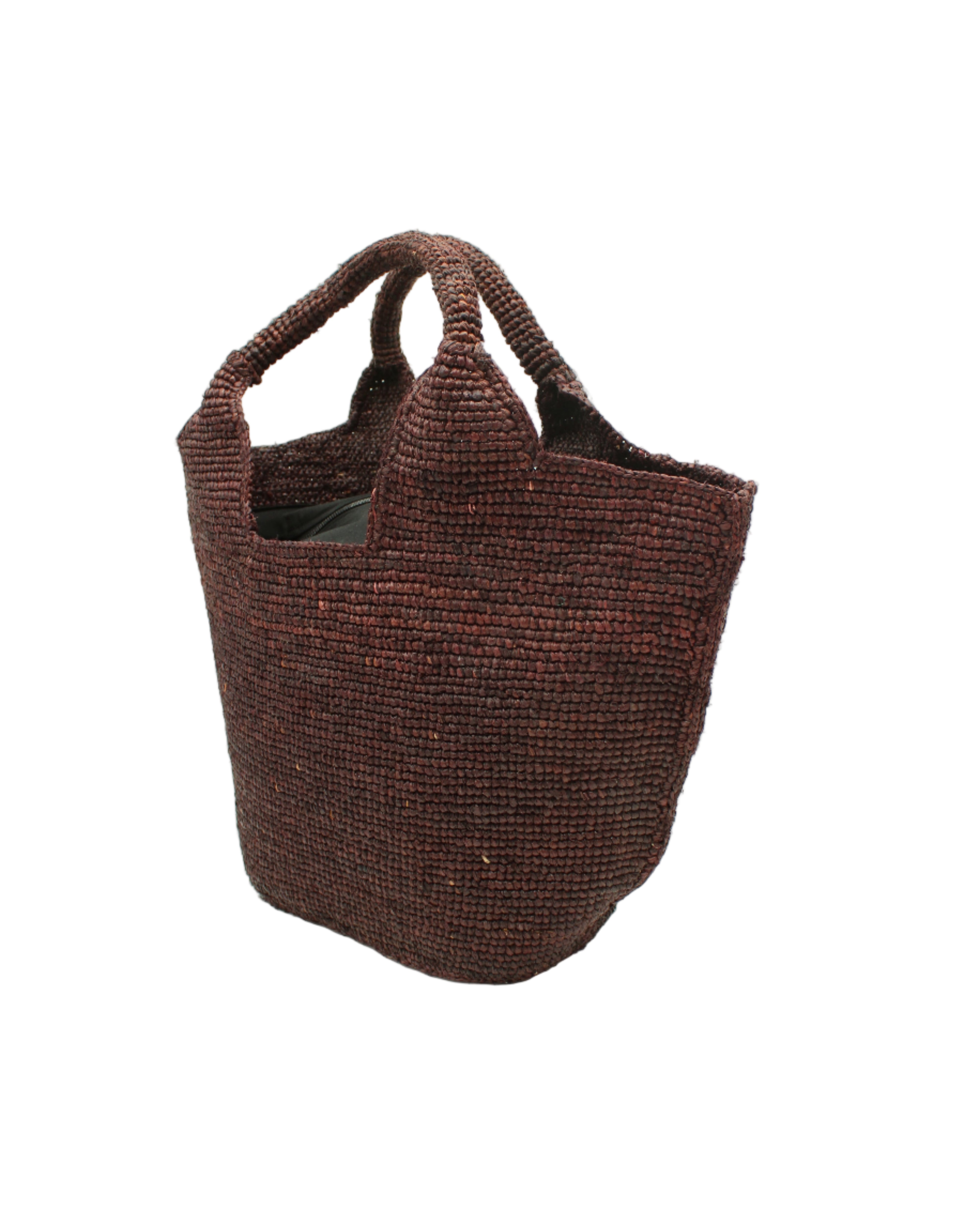 Side view St. Tropez Heart Shaped Crochet Straw Basket Handbag handmade crochet natural raffia palm fiber in a solid hue of Mocha chocolate/dark/brown with a subtle link texture beach bag shoulder bag - Shebobo