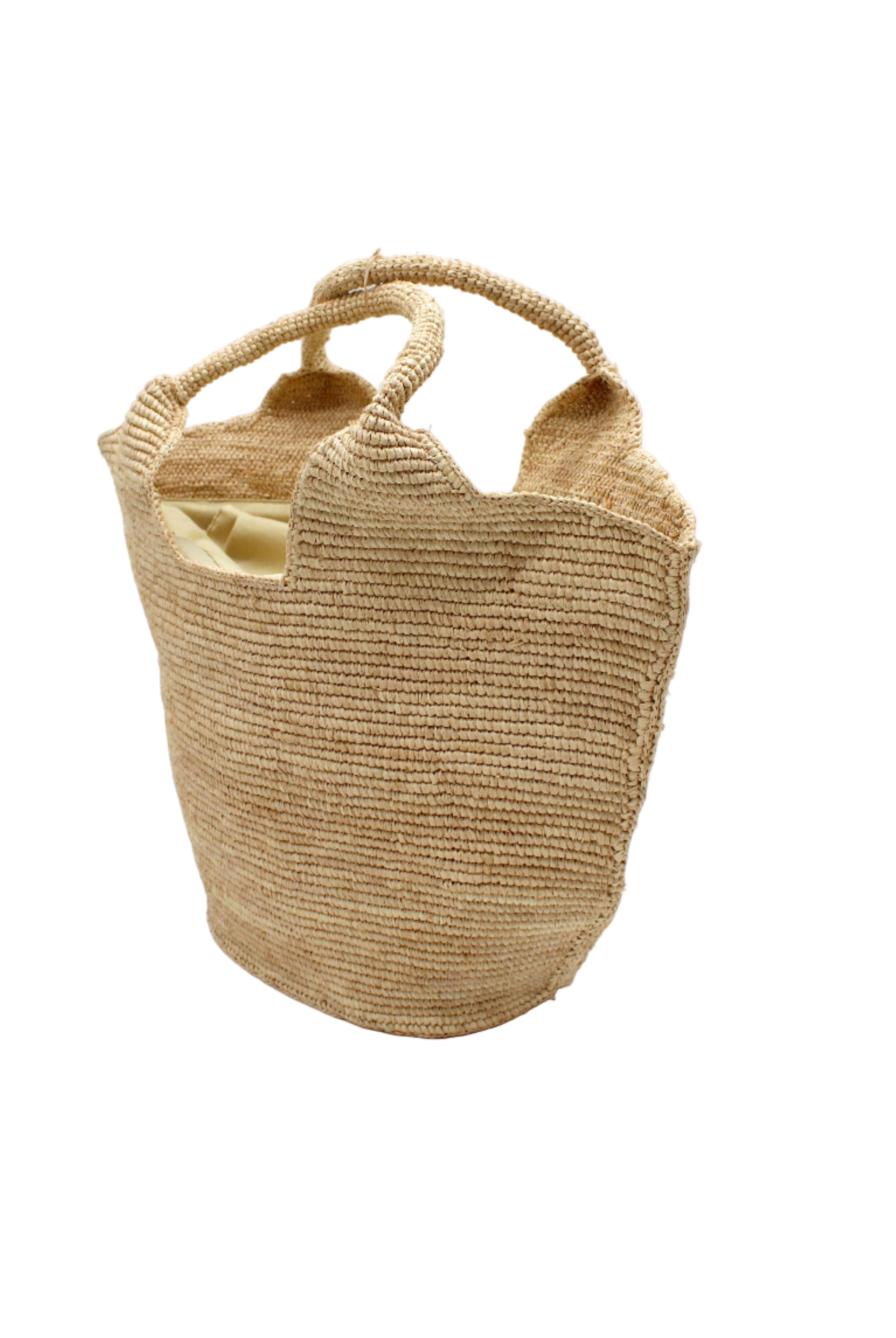Side view St. Tropez Heart Shaped Crochet Straw Basket Handbag handmade crochet natural raffia palm fiber in a solid hue of natural straw color with a subtle link texture beach bag shoulder bag - Shebobo