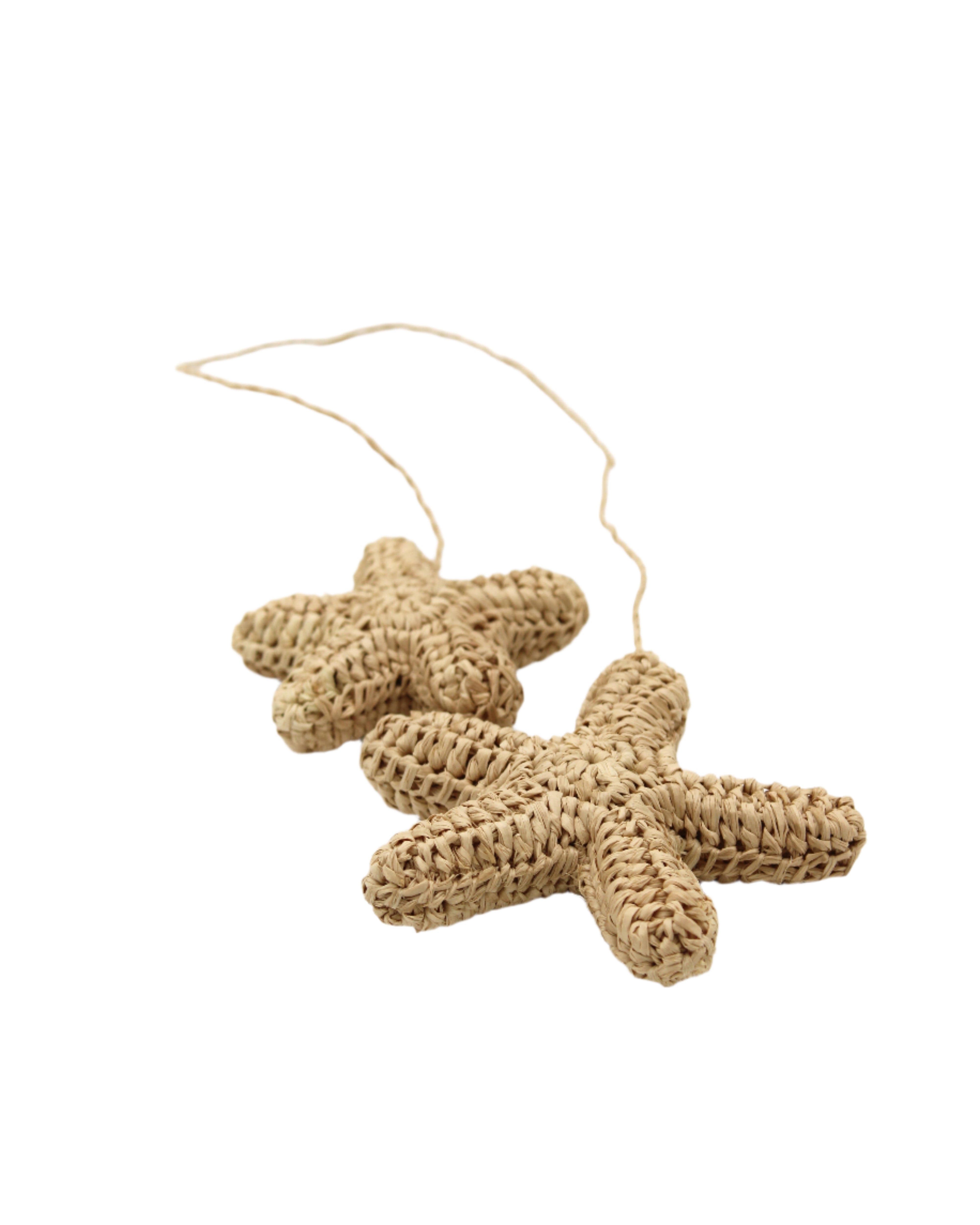 Starfish Tie Crochet Raffia Charm Embellishment handmade natural raffia palm fiber is crochet into 3D starfish shapes in natural straw color and connected with raffia twist tie beach bag embellishment - Shebobo