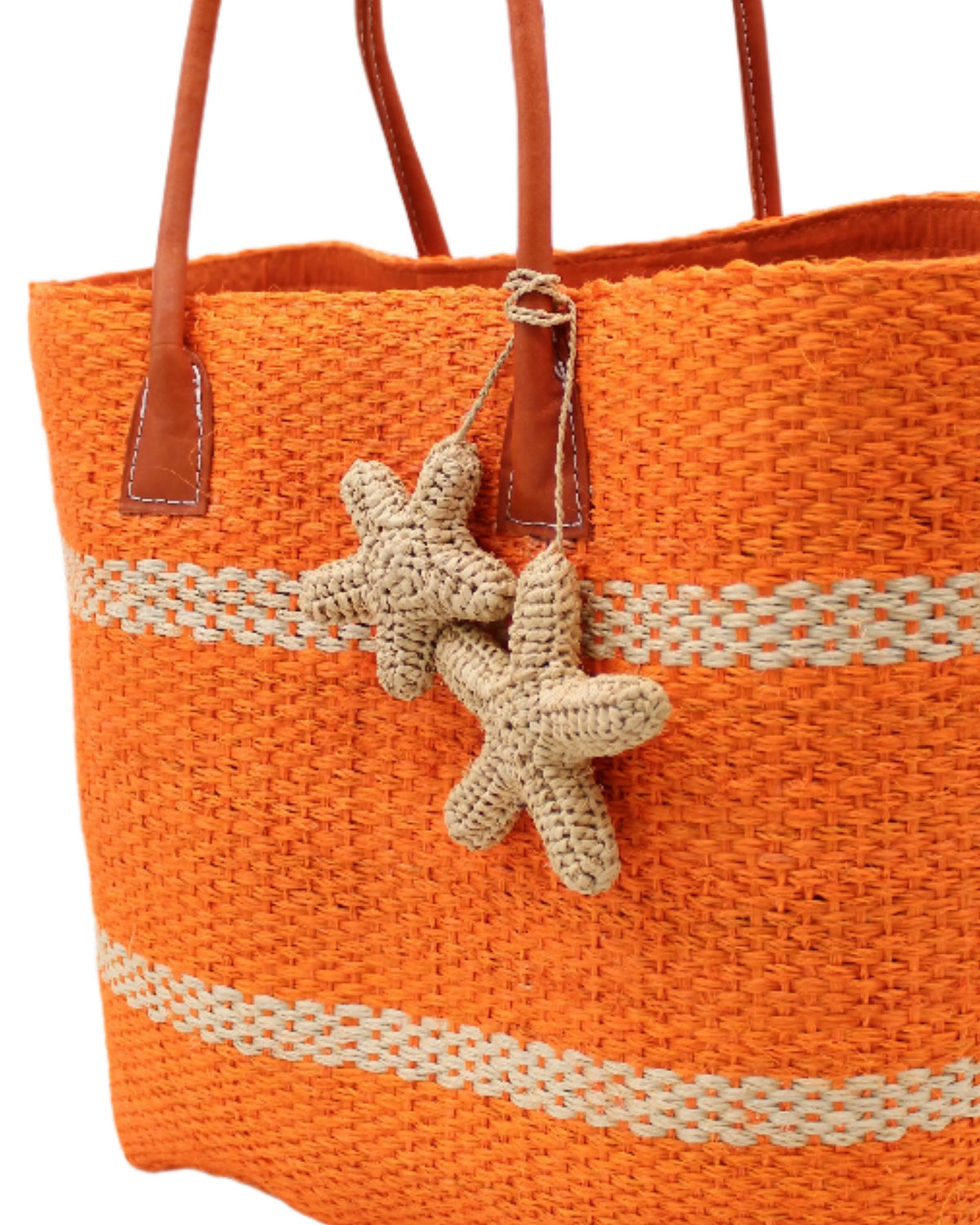 Detail view Starfish Tie Crochet Raffia Charm Embellishment handmade natural raffia palm fiber is crochet into 3D starfish shapes in natural straw color and connected with raffia twist tie beach bag embellishment - Shebobo