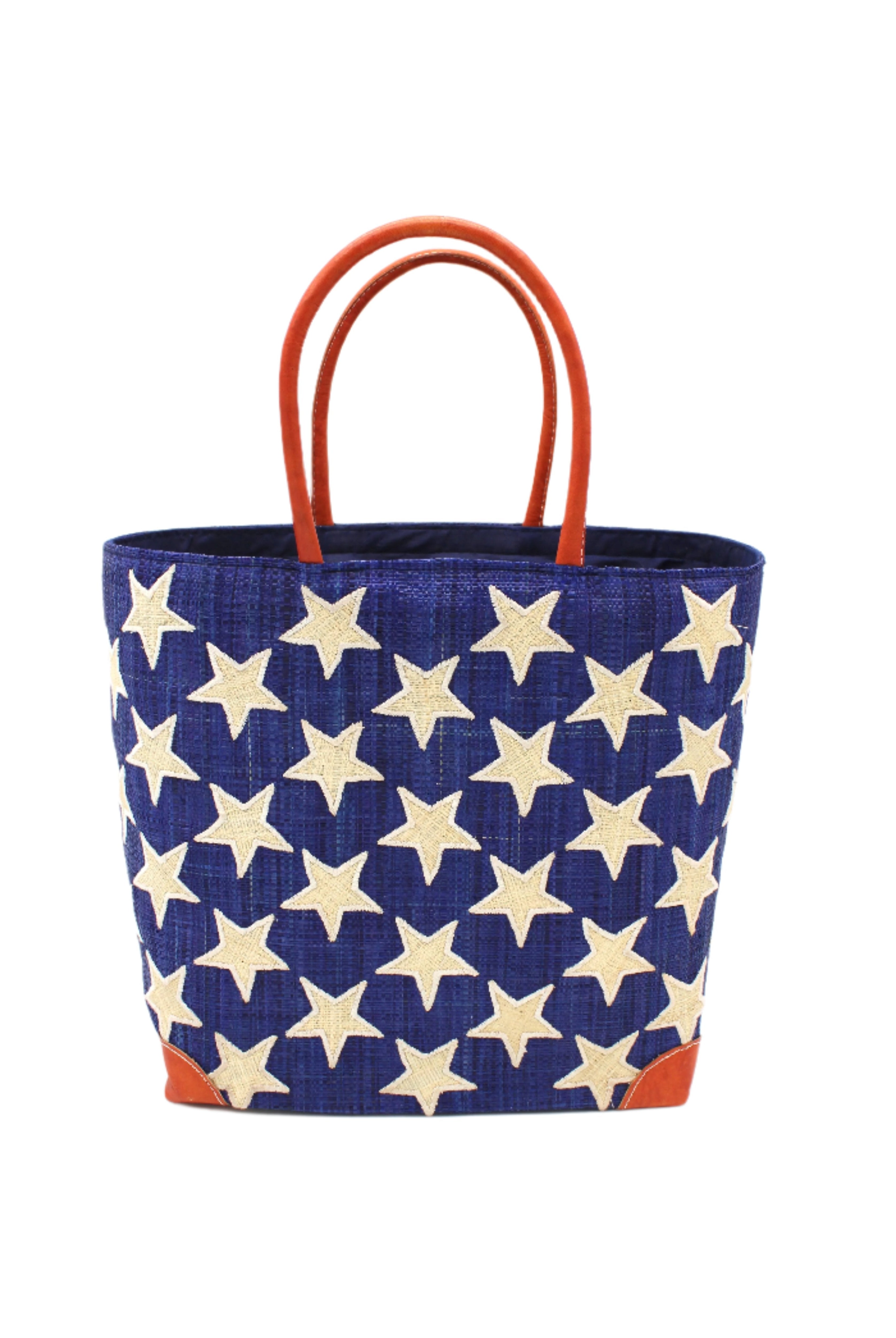 Stars Straw Basket Bag handmade loomed raffia palm fiber in a solid hue of Dusk navy/dark/blue with natural straw color loomed stars stitched on in a tight diagonal pattern with leather handles Patriotic Americana Shoulder Bag Beach Bag - Shebobo