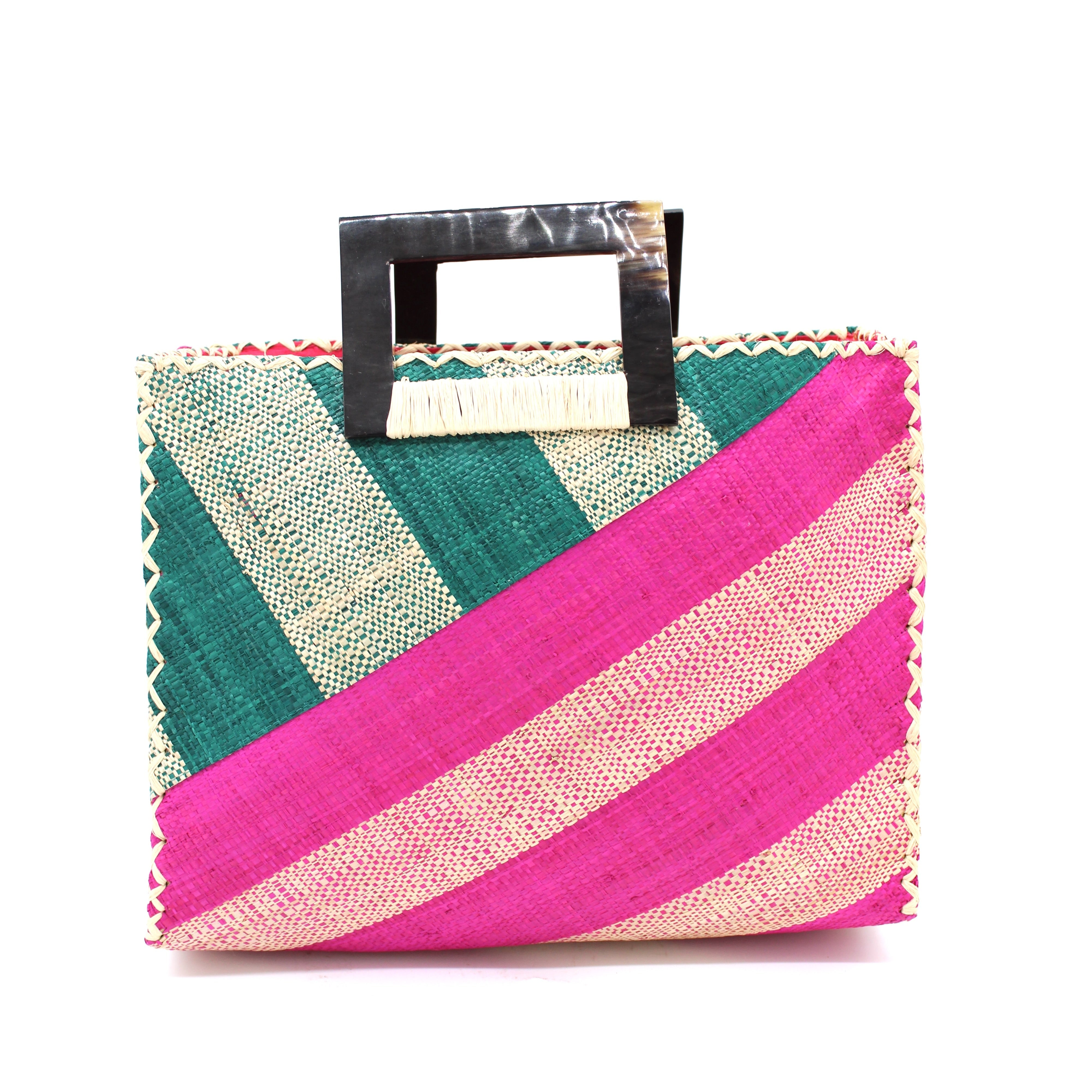 Stevie Double Wide Stripe Fuchsia & Teal Square Straw Handbag with Horn Handles handmade loomed raffia palm fiber in even width wide stripe pattern of Fuchsia hot/bright/barbie/pink and natural straw color oriented on the diagonal of three quarters of the bag with matching stripe pattern of Teal dark/blue/green and natural diagonally on the top left corner quarter shoulder bag handbag - Shebobo