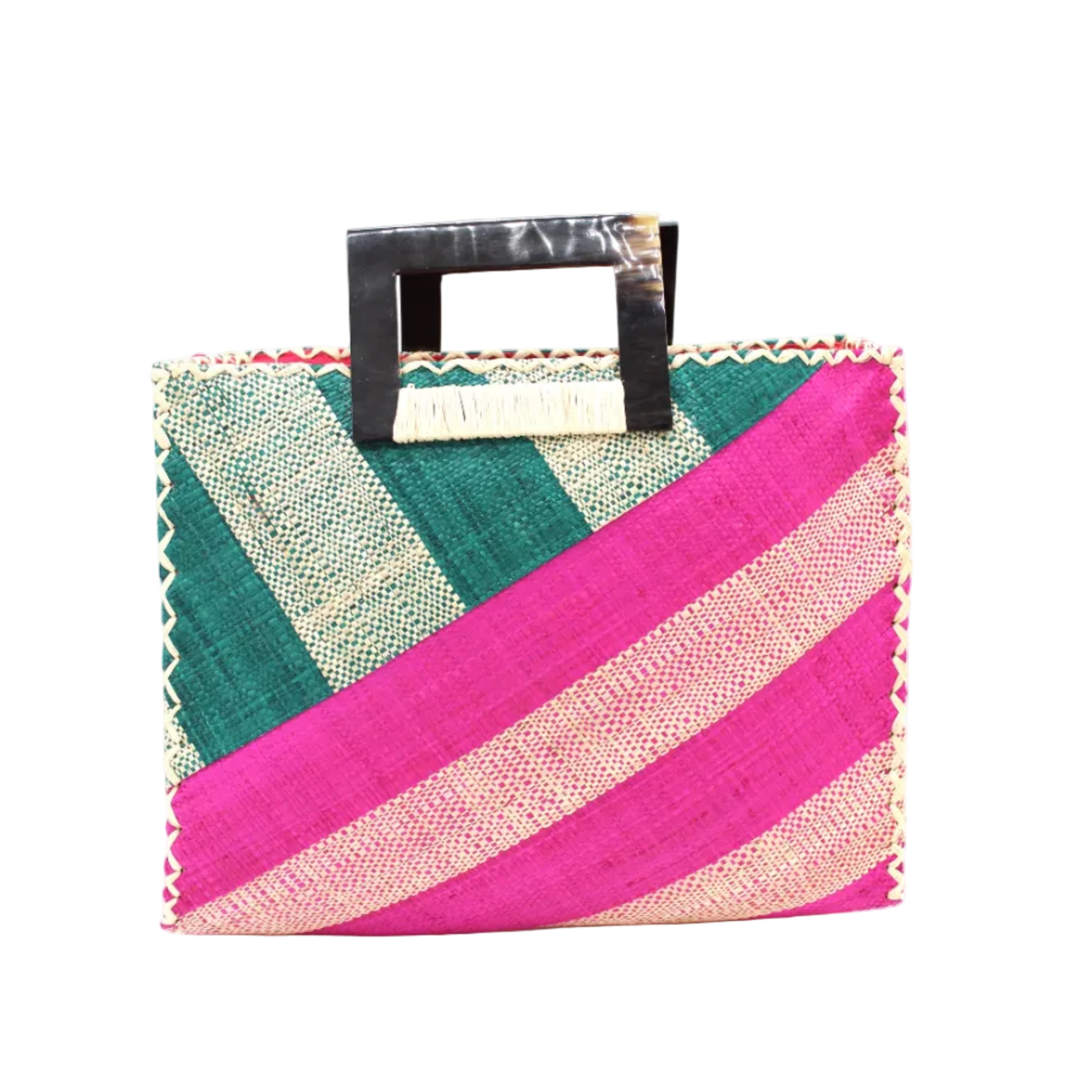 Stevie Double Wide Stripe Fuchsia & Teal Square Straw Handbag with Horn Handles handmade loomed raffia palm fiber in even width wide stripe pattern of Fuchsia hot/bright/barbie/pink and natural straw color oriented on the diagonal of three quarters of the bag with matching stripe pattern of Teal dark/blue/green and natural diagonally on the top left corner quarter shoulder bag handbag - Shebobo