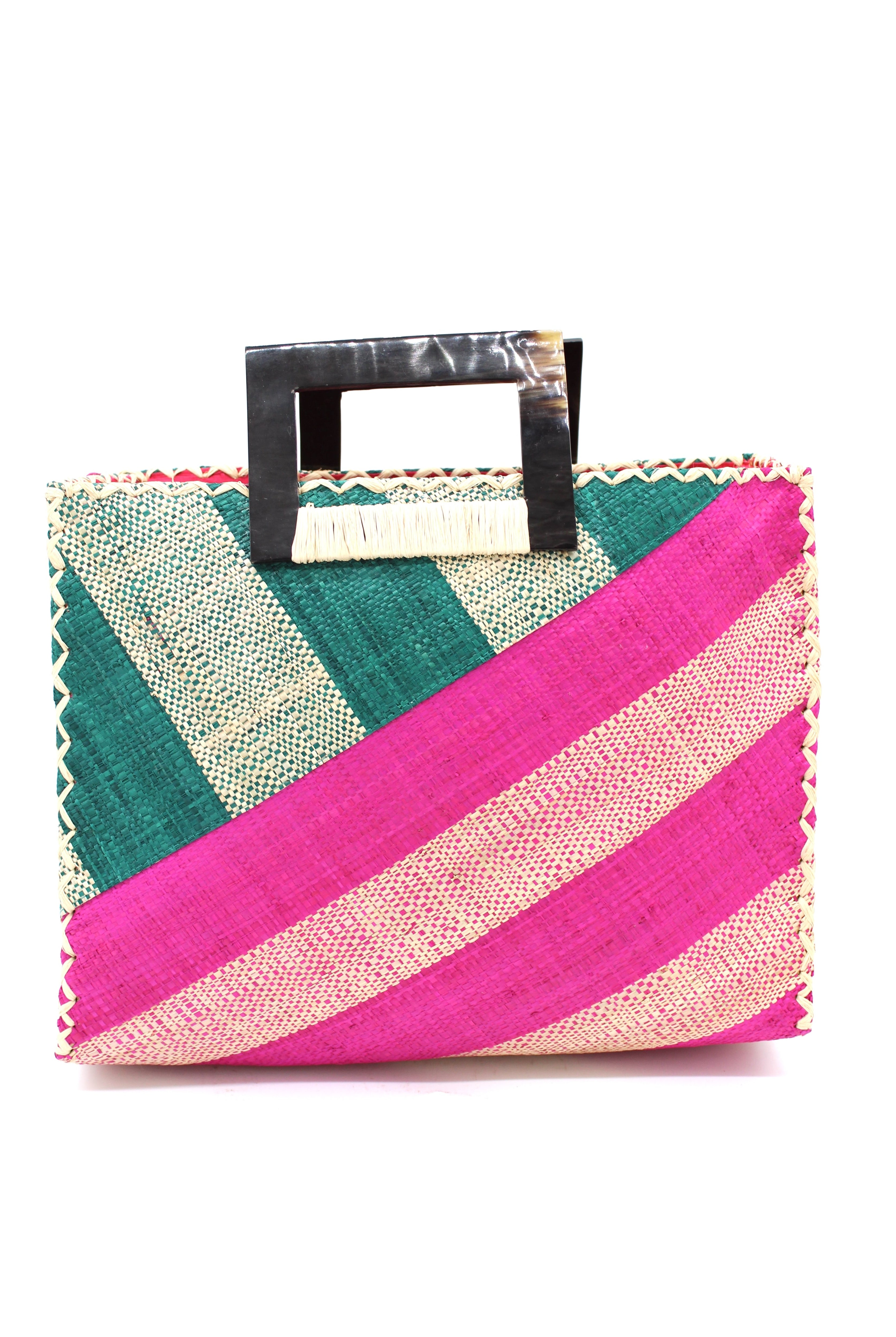 Stevie Double Wide Stripe Fuchsia & Teal Square Straw Handbag with Horn Handles handmade loomed raffia palm fiber in even width wide stripe pattern of Fuchsia hot/bright/barbie/pink and natural straw color oriented on the diagonal of three quarters of the bag with matching stripe pattern of Teal dark/blue/green and natural diagonally on the top left corner quarter shoulder bag handbag - Shebobo