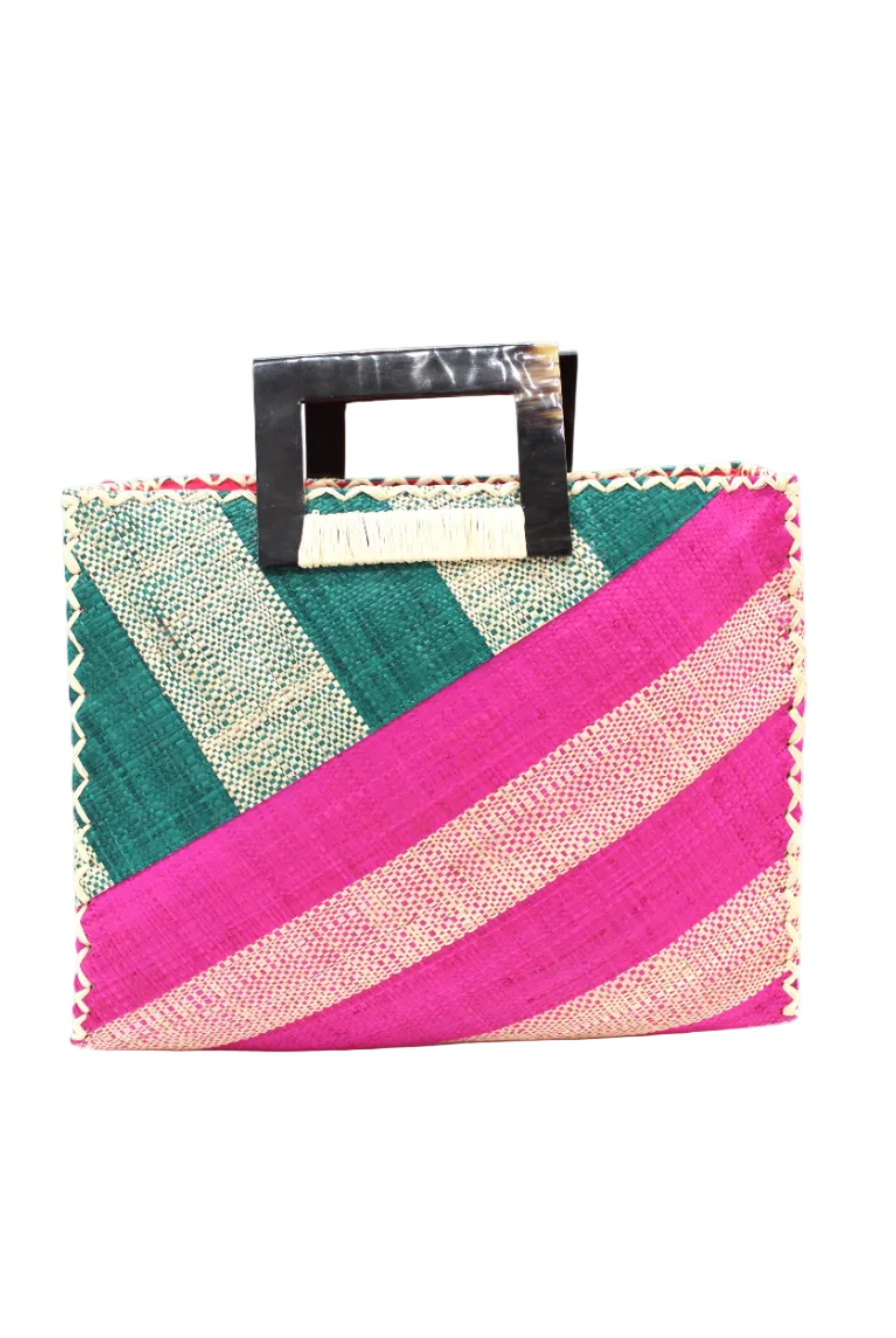 Stevie Double Wide Stripe Fuchsia & Teal Square Straw Handbag with Horn Handles handmade loomed raffia palm fiber in even width wide stripe pattern of Fuchsia hot/bright/barbie/pink and natural straw color oriented on the diagonal of three quarters of the bag with matching stripe pattern of Teal dark/blue/green and natural diagonally on the top left corner quarter shoulder bag handbag - Shebobo