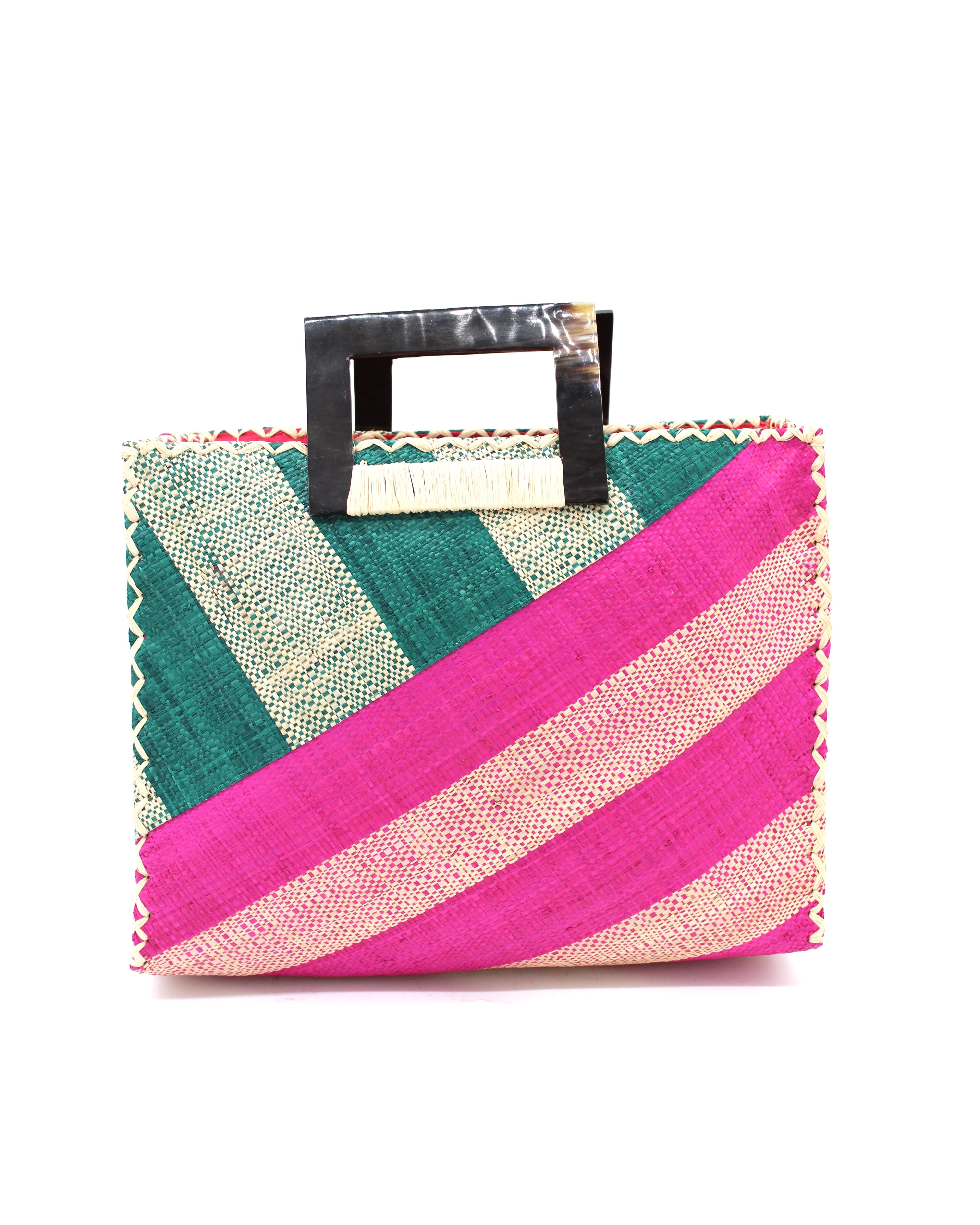 Stevie Double Wide Stripe Fuchsia & Teal Square Straw Handbag with Horn Handles handmade loomed raffia palm fiber in even width wide stripe pattern of Fuchsia hot/bright/barbie/pink and natural straw color oriented on the diagonal of three quarters of the bag with matching stripe pattern of Teal dark/blue/green and natural diagonally on the top left corner quarter shoulder bag handbag - Shebobo
