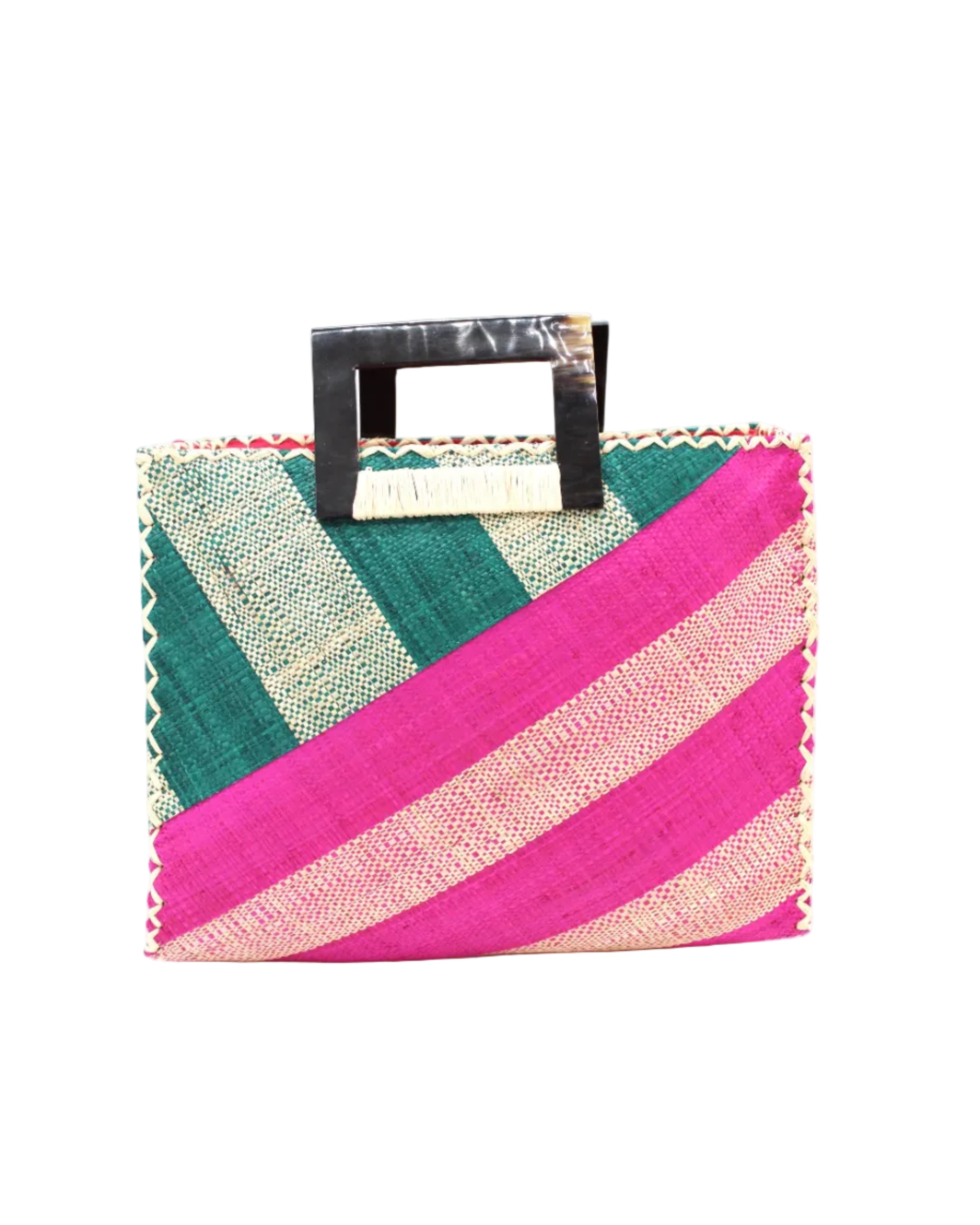 Stevie Double Wide Stripe Fuchsia & Teal Square Straw Handbag with Horn Handles handmade loomed raffia palm fiber in even width wide stripe pattern of Fuchsia hot/bright/barbie/pink and natural straw color oriented on the diagonal of three quarters of the bag with matching stripe pattern of Teal dark/blue/green and natural diagonally on the top left corner quarter shoulder bag handbag - Shebobo