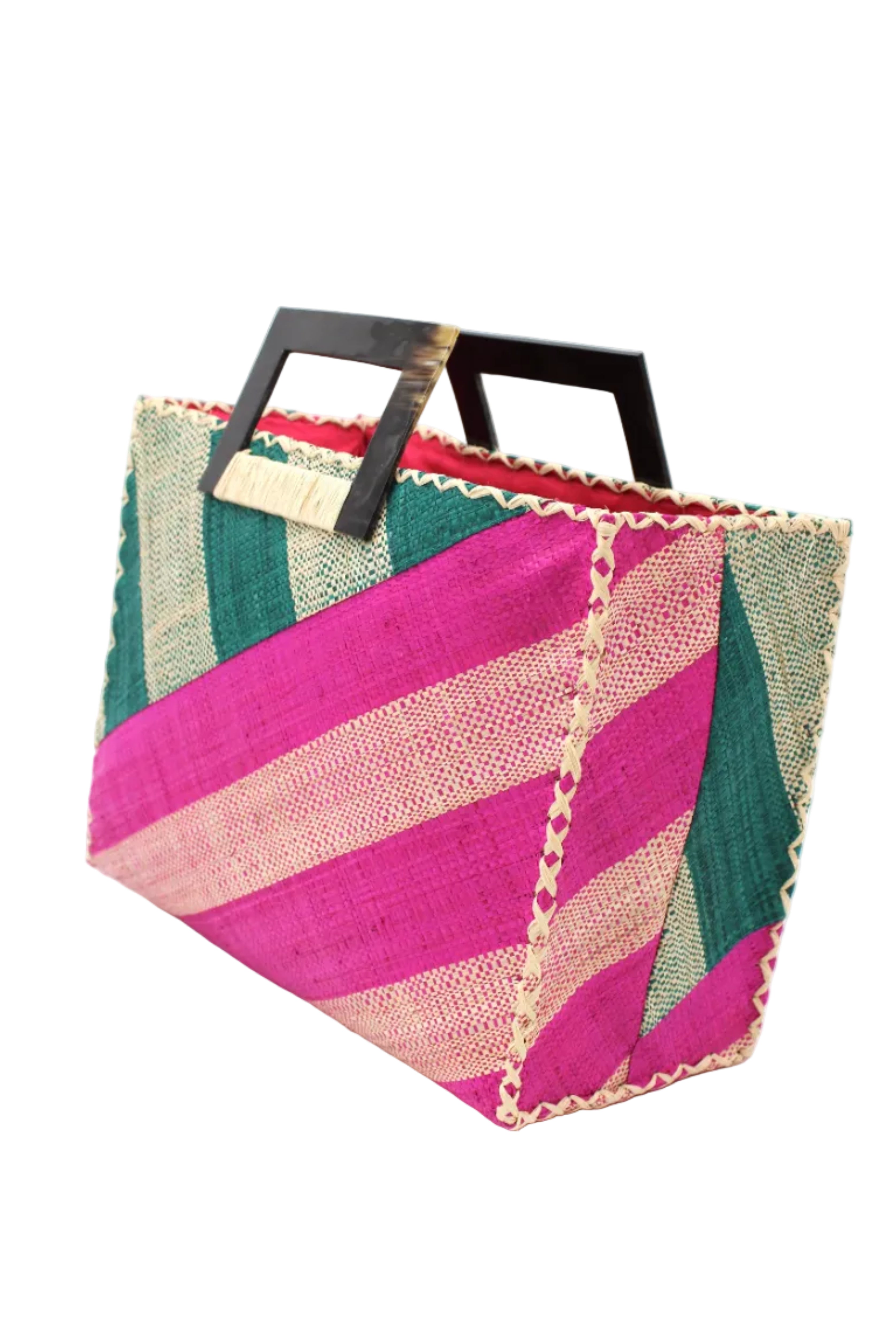 Side View Stevie Double Wide Stripe Fuchsia & Teal Square Straw Handbag with Horn Handles handmade loomed raffia palm fiber in even width wide stripe pattern of Fuchsia hot/bright/barbie/pink and natural straw color oriented on the diagonal of three quarters of the bag with matching stripe pattern of Teal dark/blue/green and natural diagonally on the top left corner quarter shoulder bag handbag - Shebobo