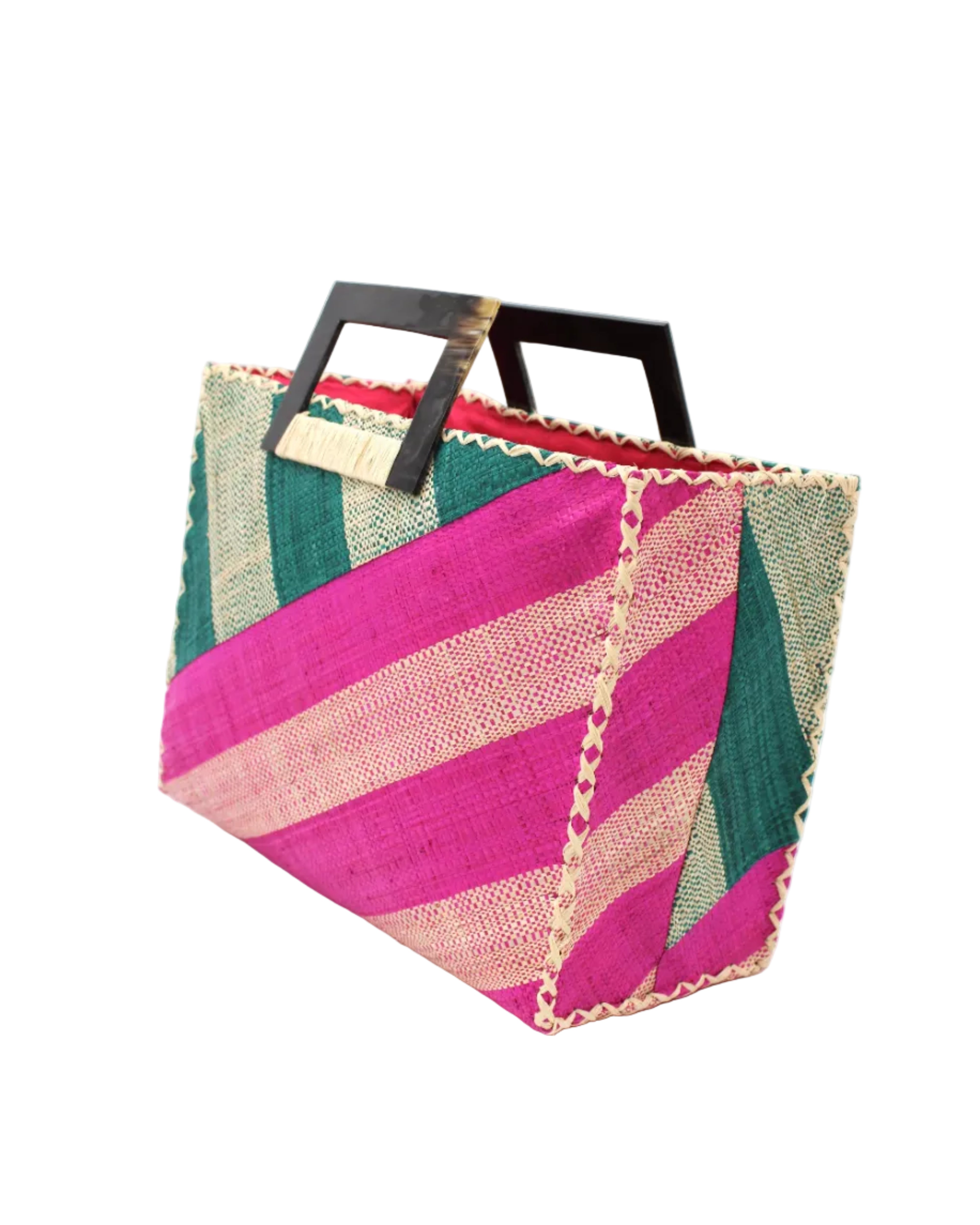 Side View Stevie Double Wide Stripe Fuchsia & Teal Square Straw Handbag with Horn Handles handmade loomed raffia palm fiber in even width wide stripe pattern of Fuchsia hot/bright/barbie/pink and natural straw color oriented on the diagonal of three quarters of the bag with matching stripe pattern of Teal dark/blue/green and natural diagonally on the top left corner quarter shoulder bag handbag - Shebobo