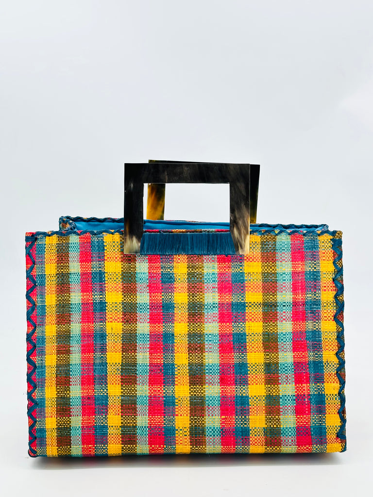 Stevie Square Hamptons Gingham Multicolor Straw Handbag with Horn Handles handmade loomed raffia with saffron yellow, turquoise blue, red, olive green, and seafoam blue/green petite gingham plaid pattern purse with matching turquoise liner, cross stitch edging, and handle attachment - Shebobo