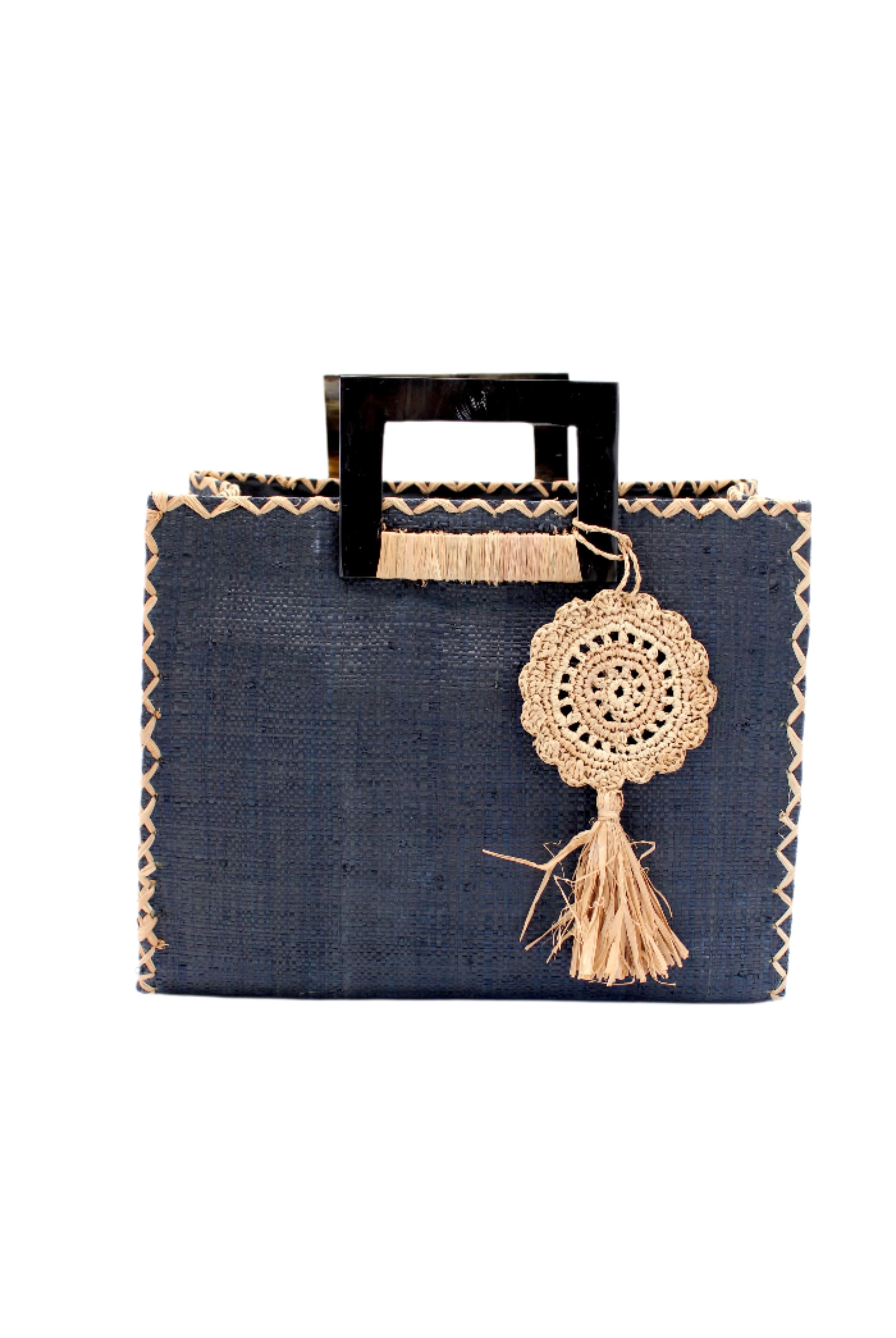 Stevie Square Black Multicolor Straw Handbag with Horn Handles handmade loomed raffia in black purse with matching liner, contrasting natural cross stitch edging, handle attachment, and crochet doily tassel charm embellishment - Shebobo