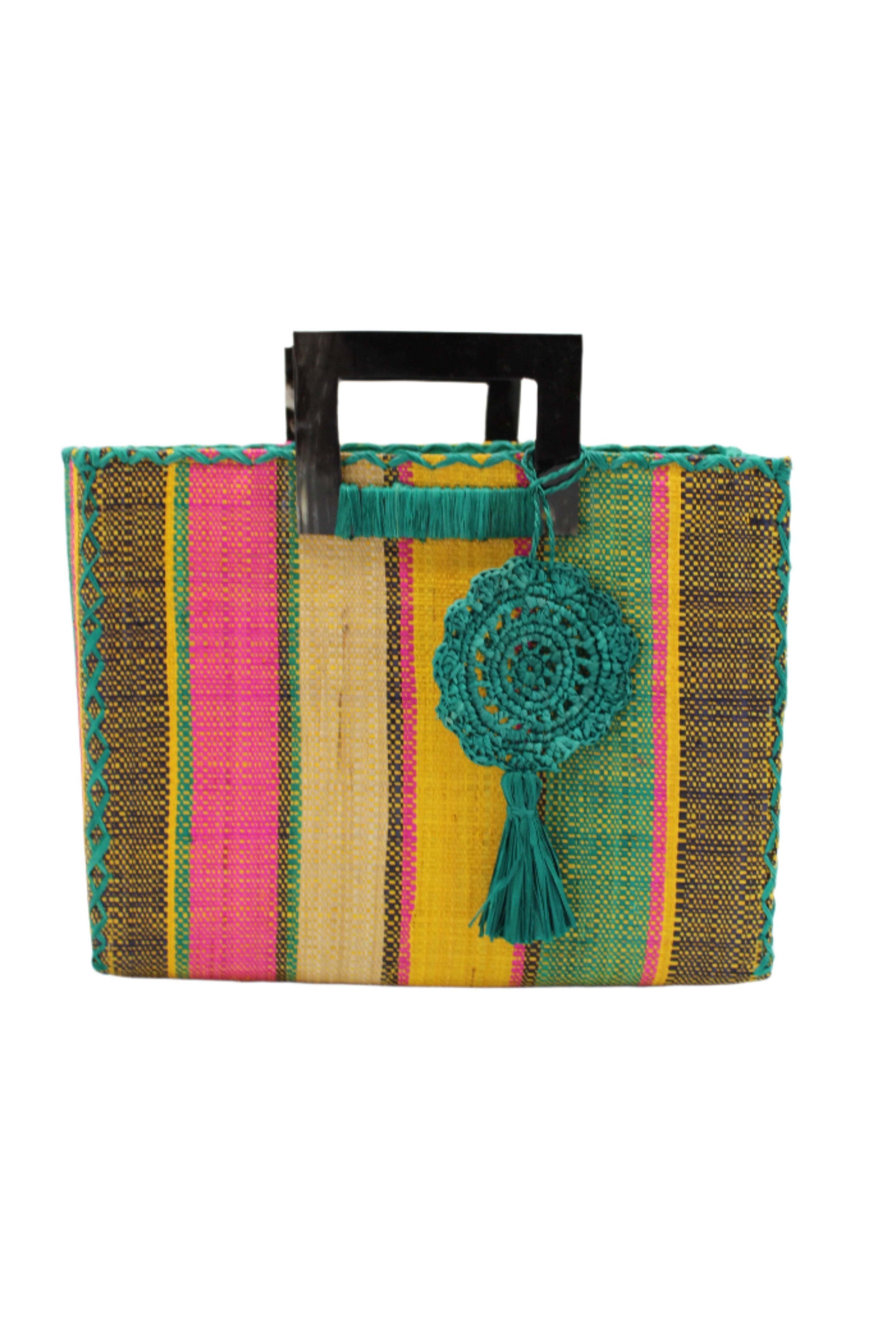 Stevie Square Carmalita Multicolor Stripe Straw Handbag with Horn Handles handmade loomed raffia with saffron yellow, turquoise blue, fuchsia pink, naural, and black varying width vertical stripe pattern purse with matching turquoise liner, cross stitch edging, handle attachment, and crochet doily tassel charm embellishment - Shebobo