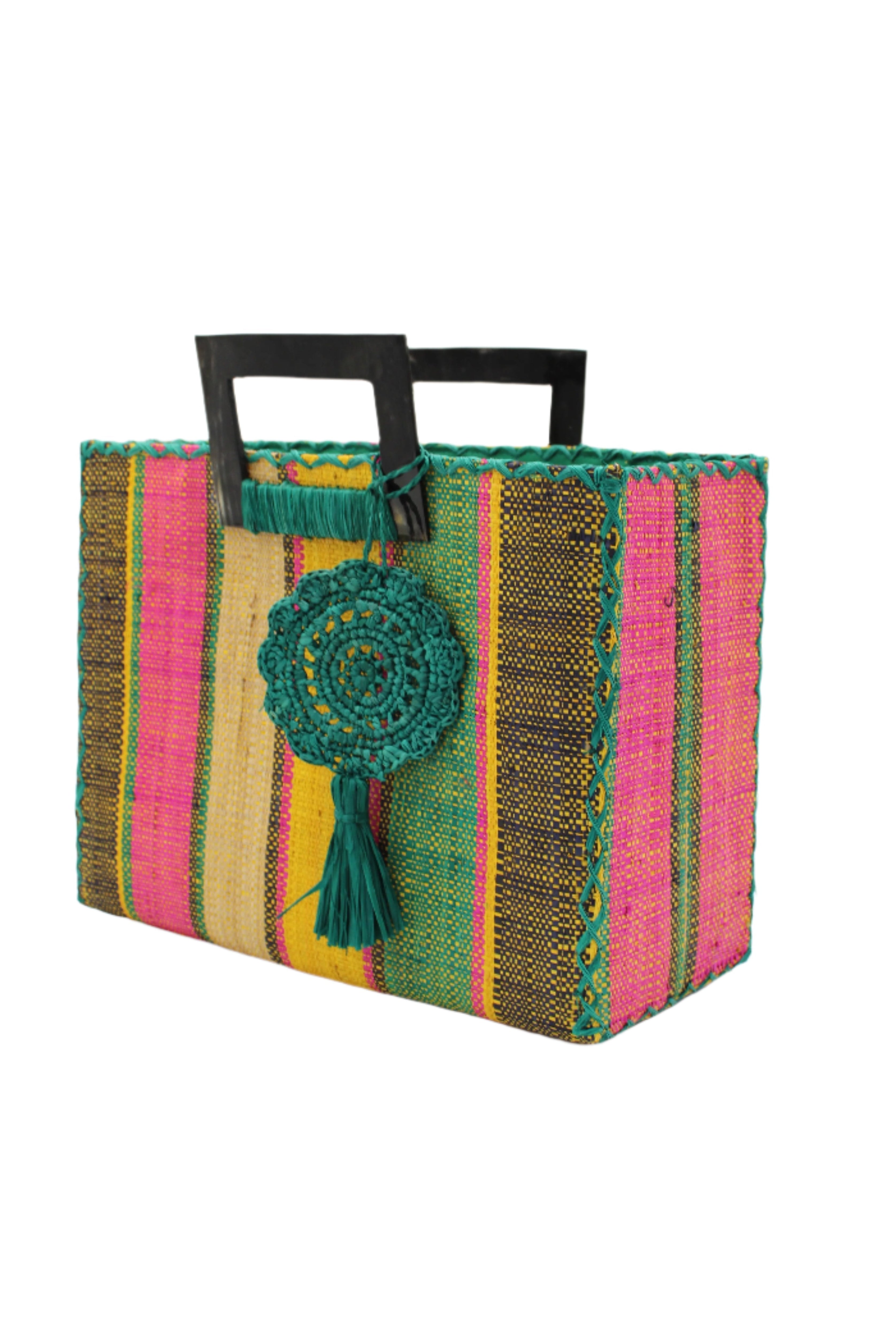 Side view Stevie Square Carmalita Multicolor Stripe Straw Handbag with Horn Handles handmade loomed raffia with saffron yellow, turquoise blue, fuchsia pink, naural, and black varying width vertical stripe pattern purse with matching turquoise liner, cross stitch edging, handle attachment, and crochet doily tassel charm embellishment - Shebobo