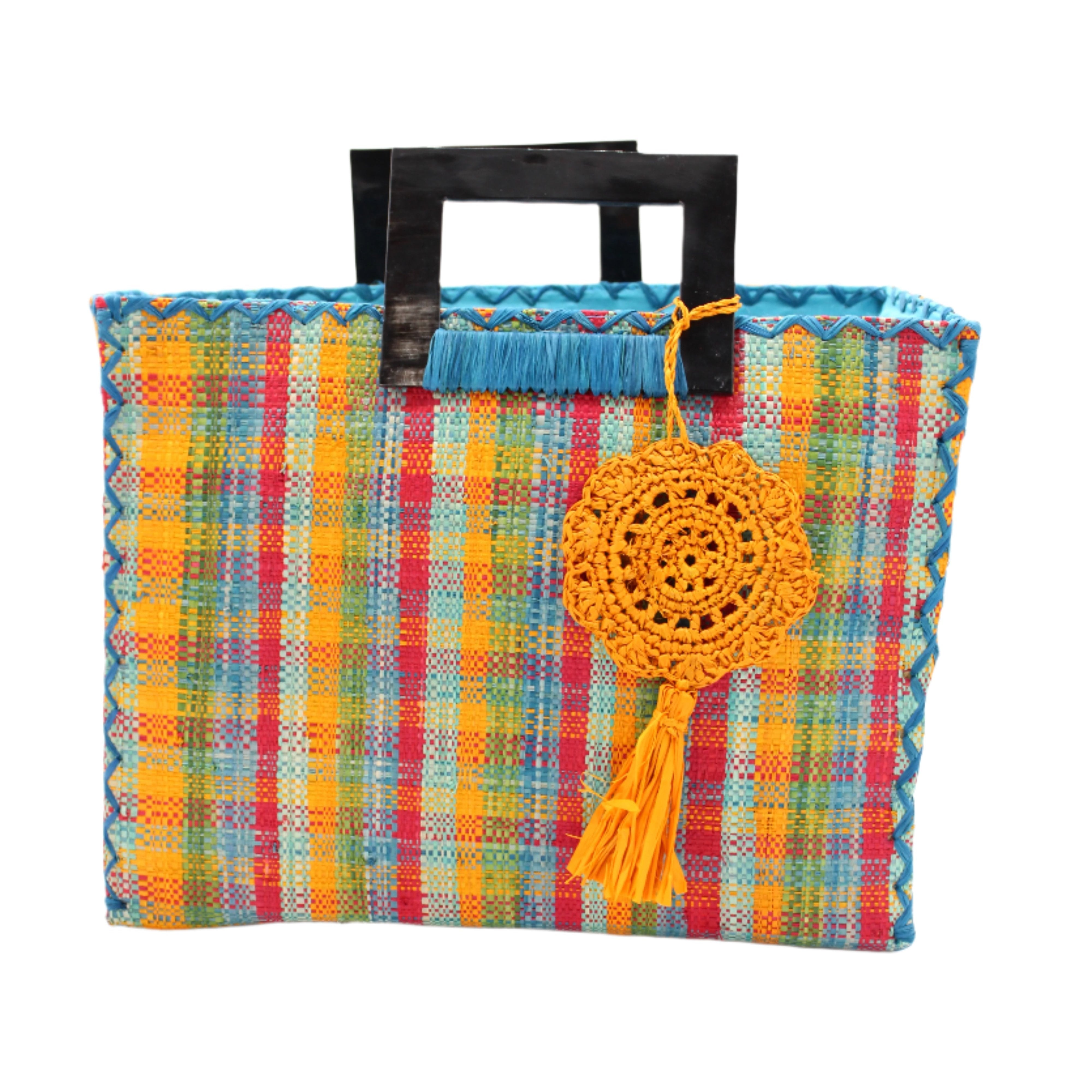 Stevie Square Hamptons Gingham Multicolor Straw Handbag with Horn Handles handmade loomed raffia with saffron yellow, turquoise blue, red, olive green, and seafoam blue/green petite gingham plaid pattern purse with matching turquoise liner, cross stitch edging, handle attachment, and crochet doily tassel charm embellishment - Shebobo