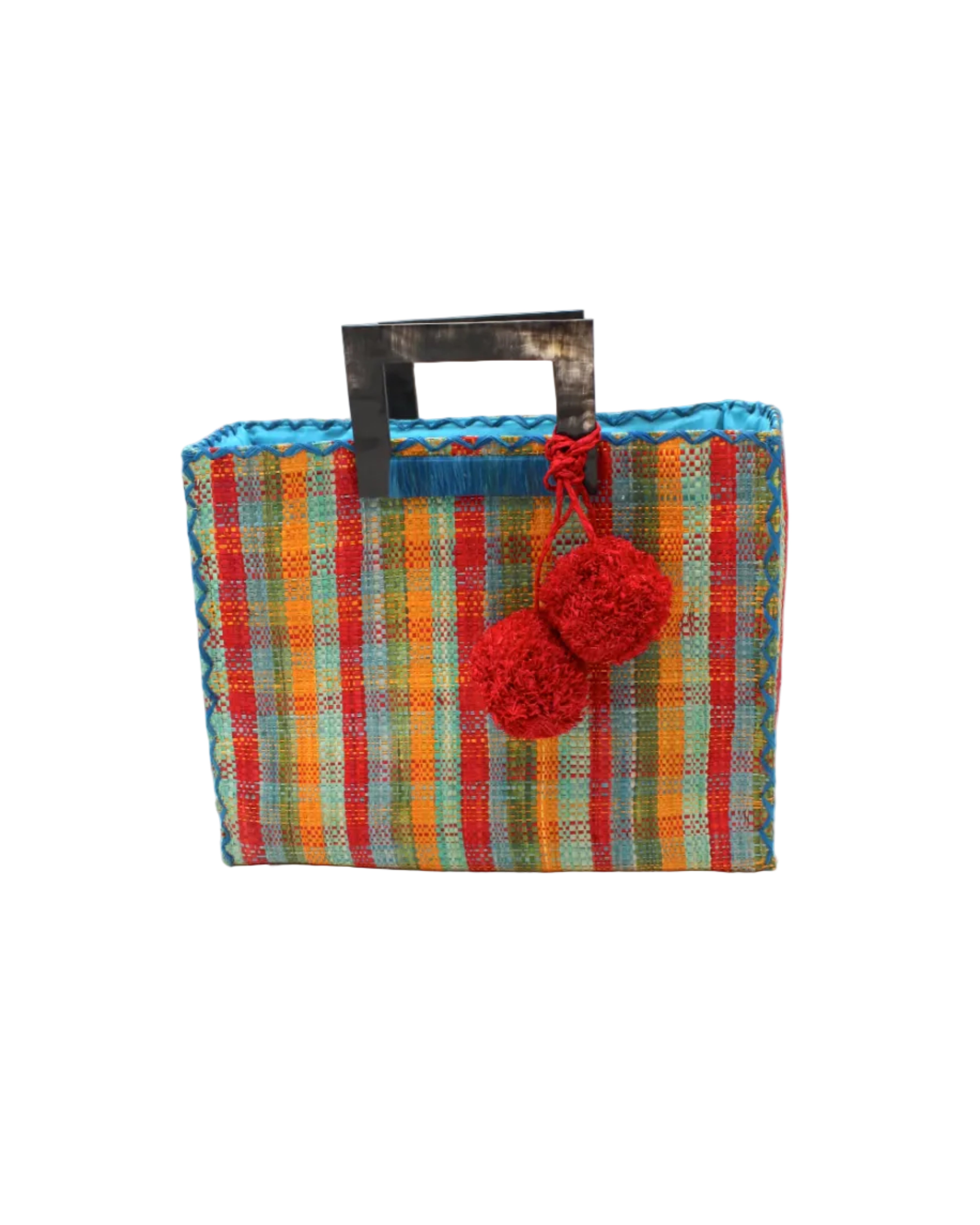 Stevie Square Hamptons Gingham Multicolor Straw Handbag with Horn Handles handmade loomed raffia with saffron yellow, turquoise blue, red, olive green, and seafoam blue/green petite gingham plaid pattern purse with matching turquoise liner, cross stitch edging, handle attachment, and crochet doily tassel charm embellishment - Shebobo