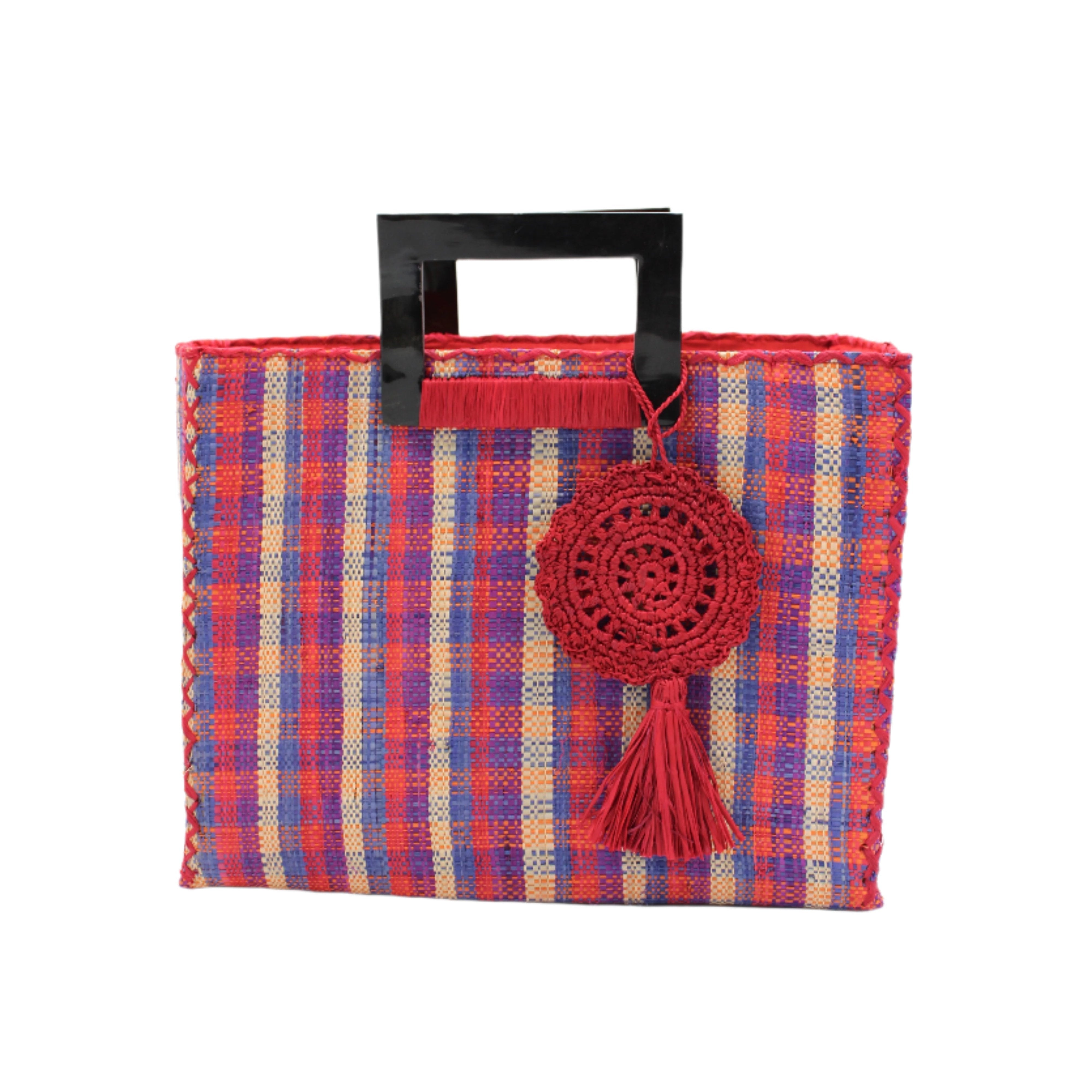 Stevie Square Hatteras Gingham Multicolor Straw Handbag with Horn Handles handmade loomed raffia with natural, navy, turquoise, and red petite gingham plaid pattern purse with matching red liner, cross stitch edging, handle attachment, and crochet doily tassel charm embellishment - Shebobo