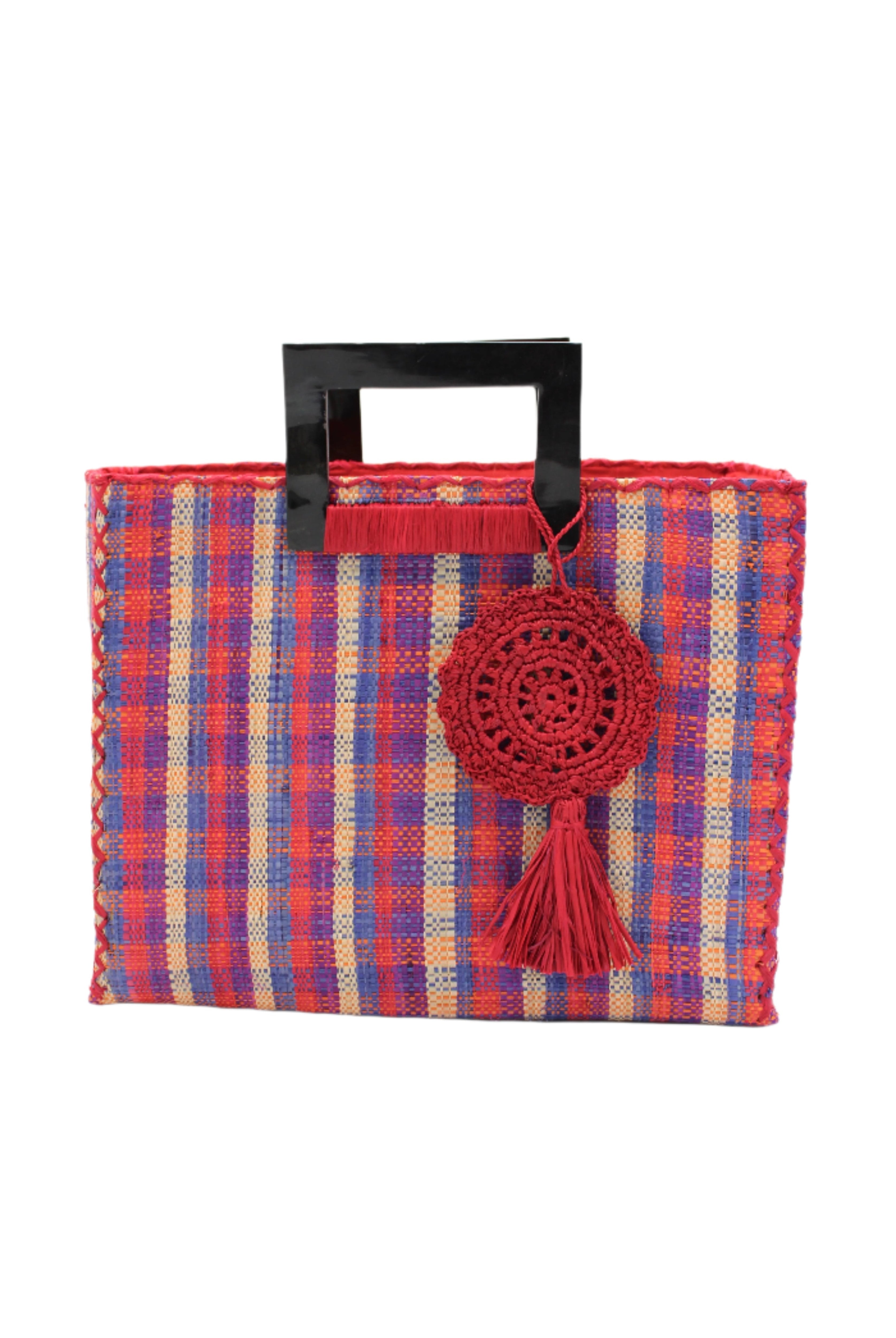 Stevie Square Hatteras Gingham Multicolor Straw Handbag with Horn Handles handmade loomed raffia with natural, navy, turquoise, and red petite gingham plaid pattern purse with matching red liner, cross stitch edging, handle attachment, and crochet doily tassel charm embellishment - Shebobo