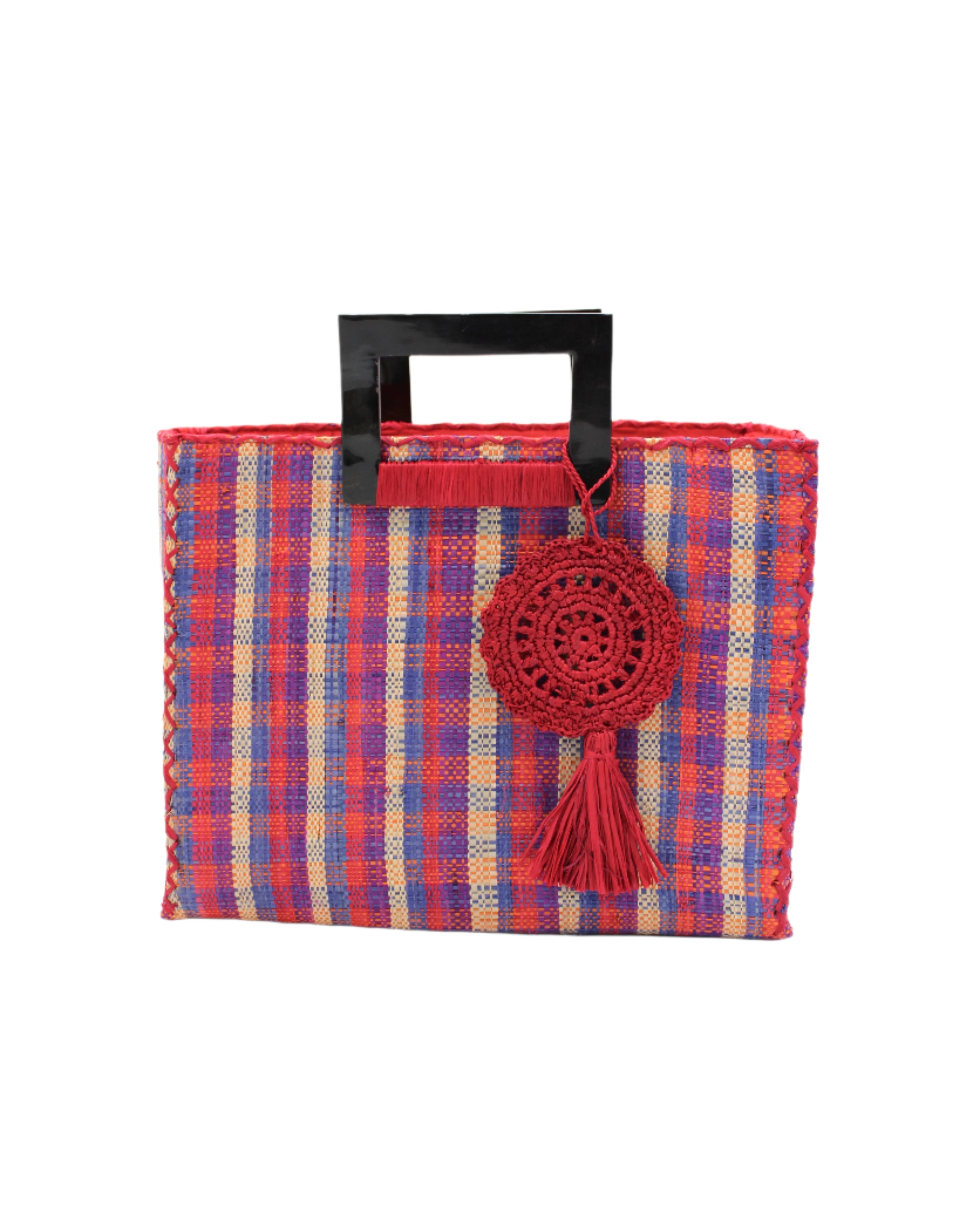 Stevie Square Hatteras Gingham Multicolor Straw Handbag with Horn Handles handmade loomed raffia with natural, navy, turquoise, and red petite gingham plaid pattern purse with matching red liner, cross stitch edging, handle attachment, and crochet doily tassel charm embellishment - Shebobo
