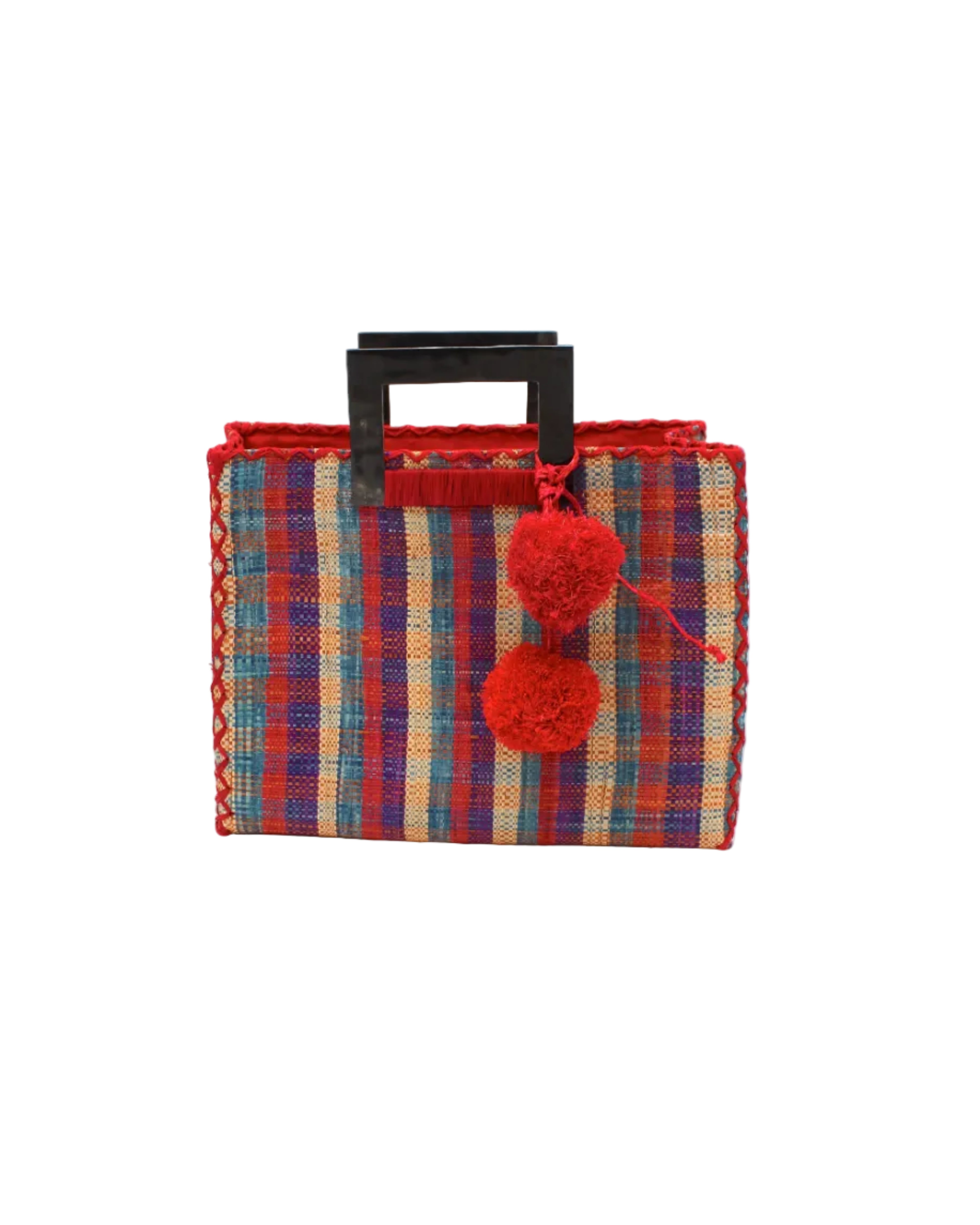 Stevie Square Hatteras Gingham Multicolor Straw Handbag with Horn Handles handmade loomed raffia with natural, navy, turquoise, and red petite gingham plaid pattern purse with matching red liner, cross stitch edging, handle attachment, and crochet doily tassel charm embellishment - Shebobo