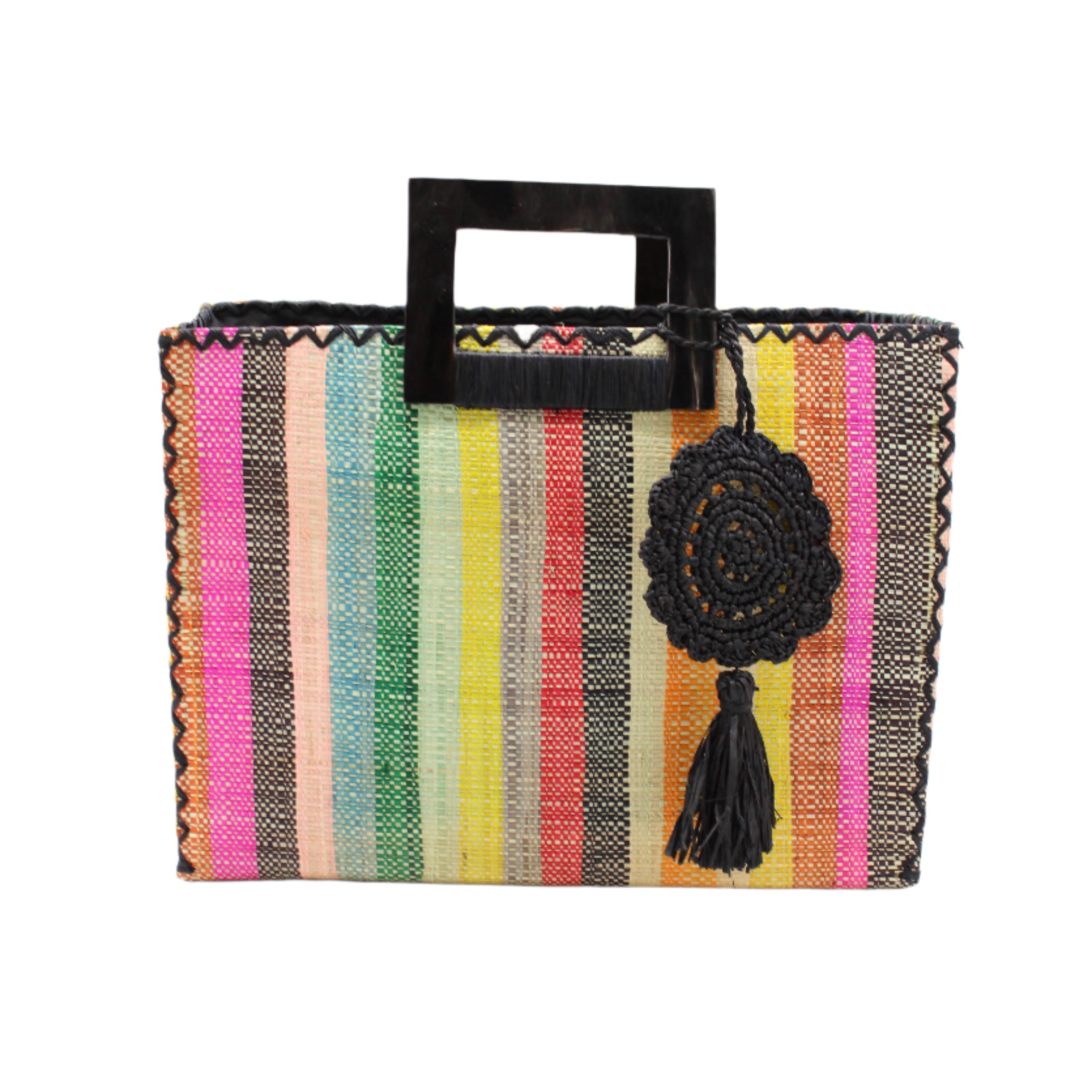 Stevie Square Lollipop Multicolor Stripe Straw Handbag with Horn Handles handmade loomed raffia with yellow, saffron, light blue, green, red, black, fuchsia, orange, natural, etc. varying width vertical stripe pattern purse with matching black liner, cross stitch edging, handle attachment, and crochet doily tassel charm embellishment - Shebobo