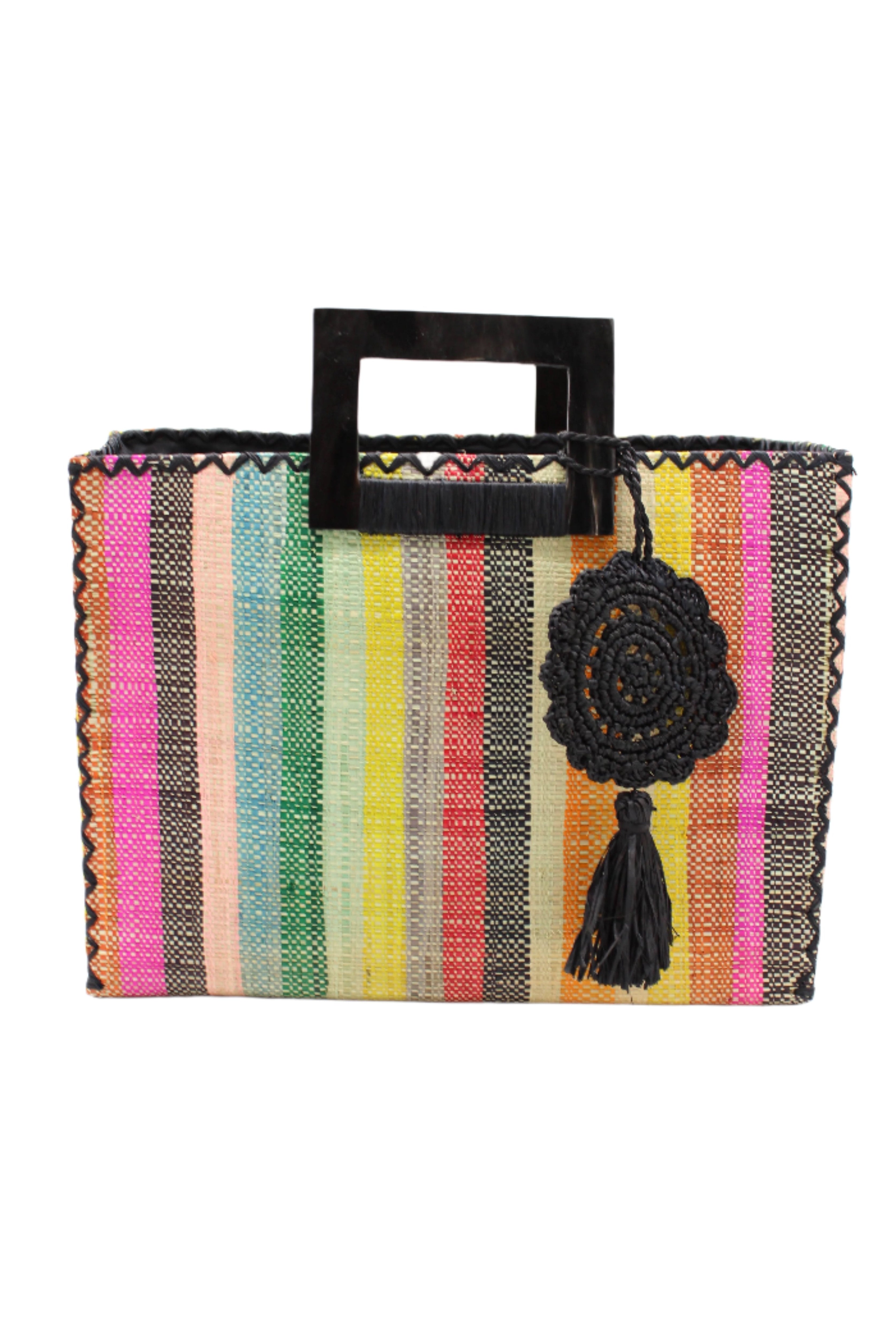 Stevie Square Lollipop Multicolor Stripe Straw Handbag with Horn Handles handmade loomed raffia with yellow, saffron, light blue, green, red, black, fuchsia, orange, natural, etc. varying width vertical stripe pattern purse with matching black liner, cross stitch edging, handle attachment, and crochet doily tassel charm embellishment - Shebobo