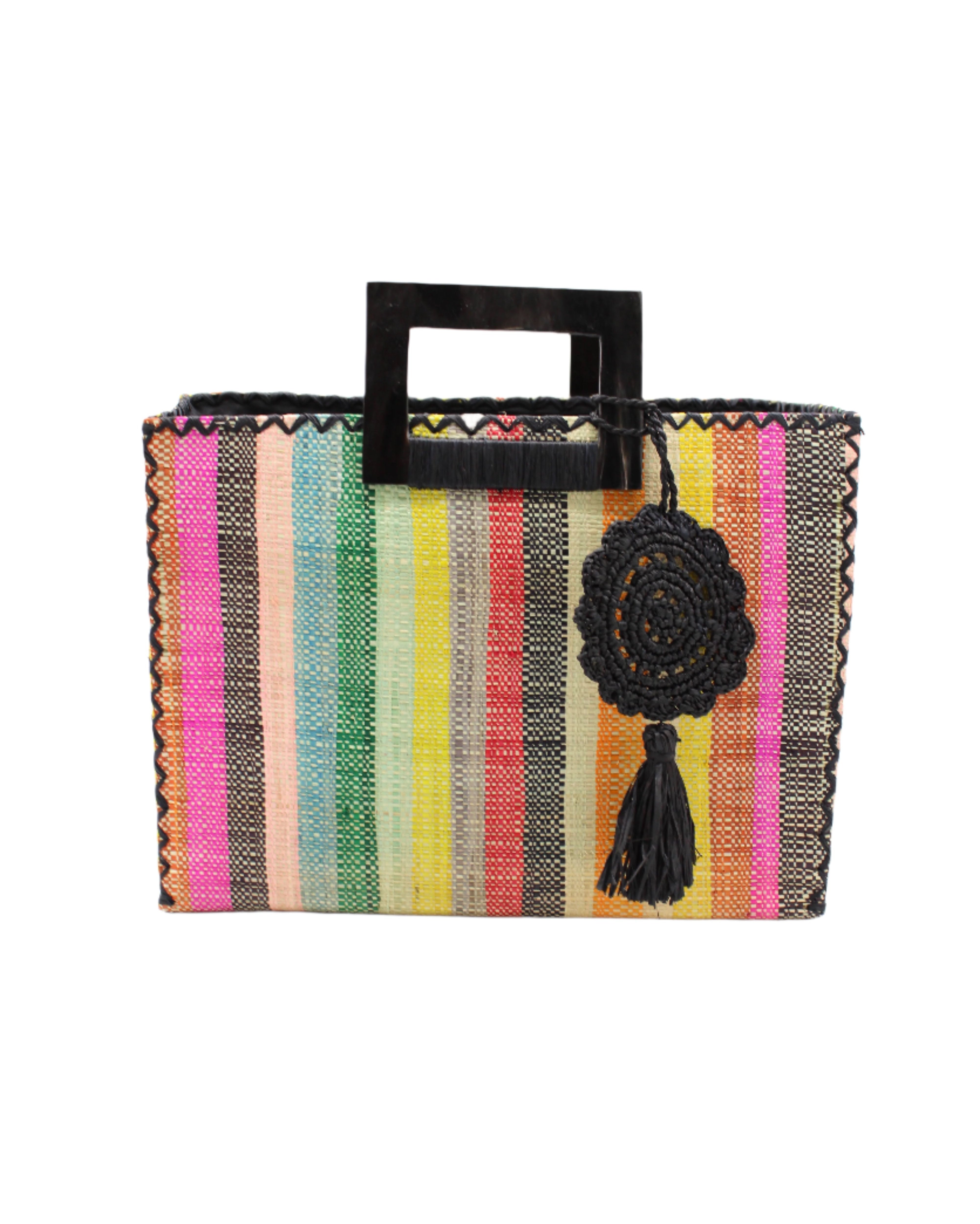 Stevie Square Lollipop Multicolor Stripe Straw Handbag with Horn Handles handmade loomed raffia with yellow, saffron, light blue, green, red, black, fuchsia, orange, natural, etc. varying width vertical stripe pattern purse with matching black liner, cross stitch edging, handle attachment, and crochet doily tassel charm embellishment - Shebobo