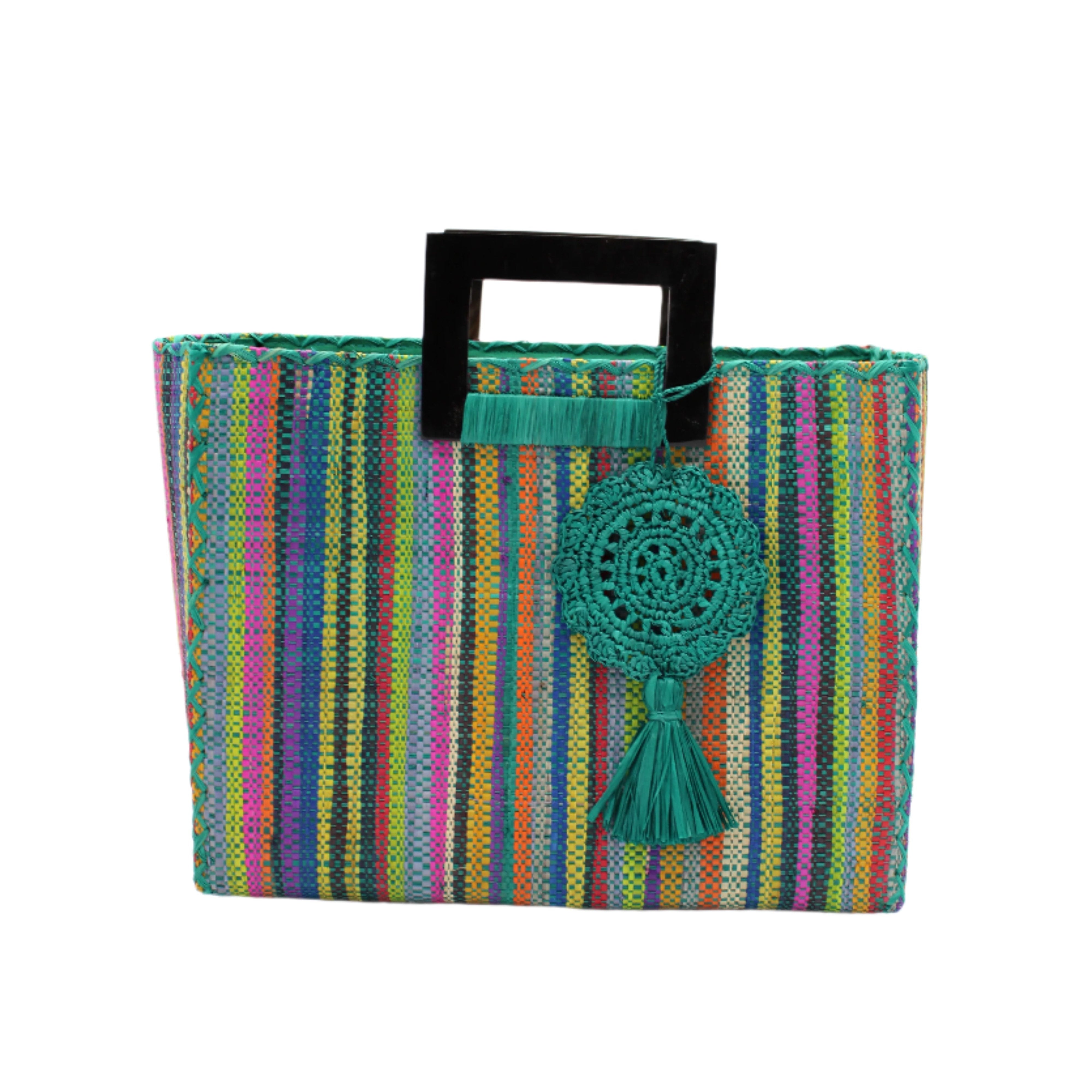 Stevie Square Turquoise Stripes Multicolor Straw Handbag with Horn Handles handmade loomed raffia with turquoise, navy, light blue, purple, red, black, fuchsia, orange, yellow, lime, etc. varying width vertical stripe pattern purse with matching turquoise liner, cross stitch edging, handle attachment, and crochet doily tassel embellishment - Shebobo