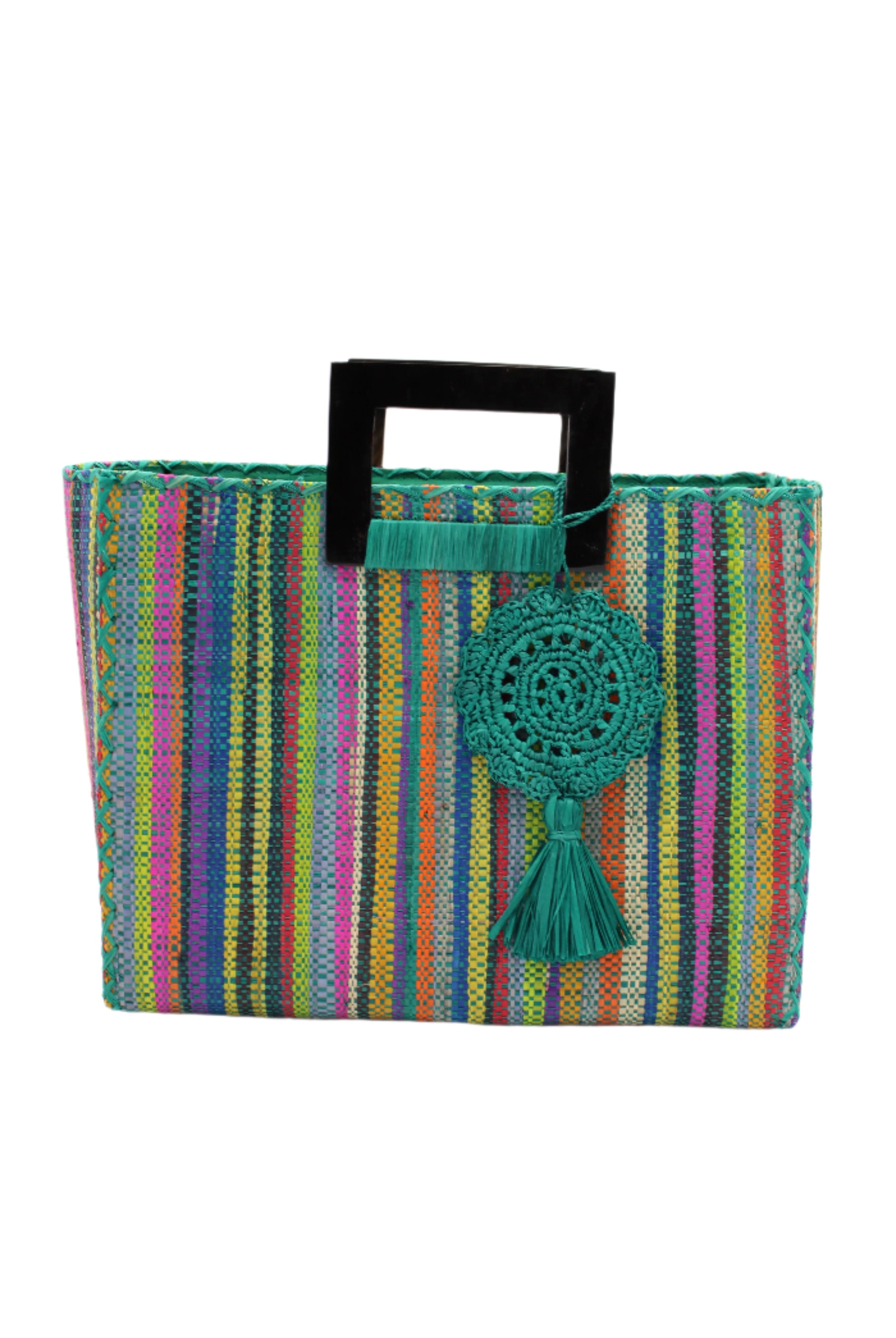 Stevie Square Turquoise Stripes Multicolor Straw Handbag with Horn Handles handmade loomed raffia with turquoise, navy, light blue, purple, red, black, fuchsia, orange, yellow, lime, etc. varying width vertical stripe pattern purse with matching turquoise liner, cross stitch edging, handle attachment, and crochet doily tassel embellishment - Shebobo