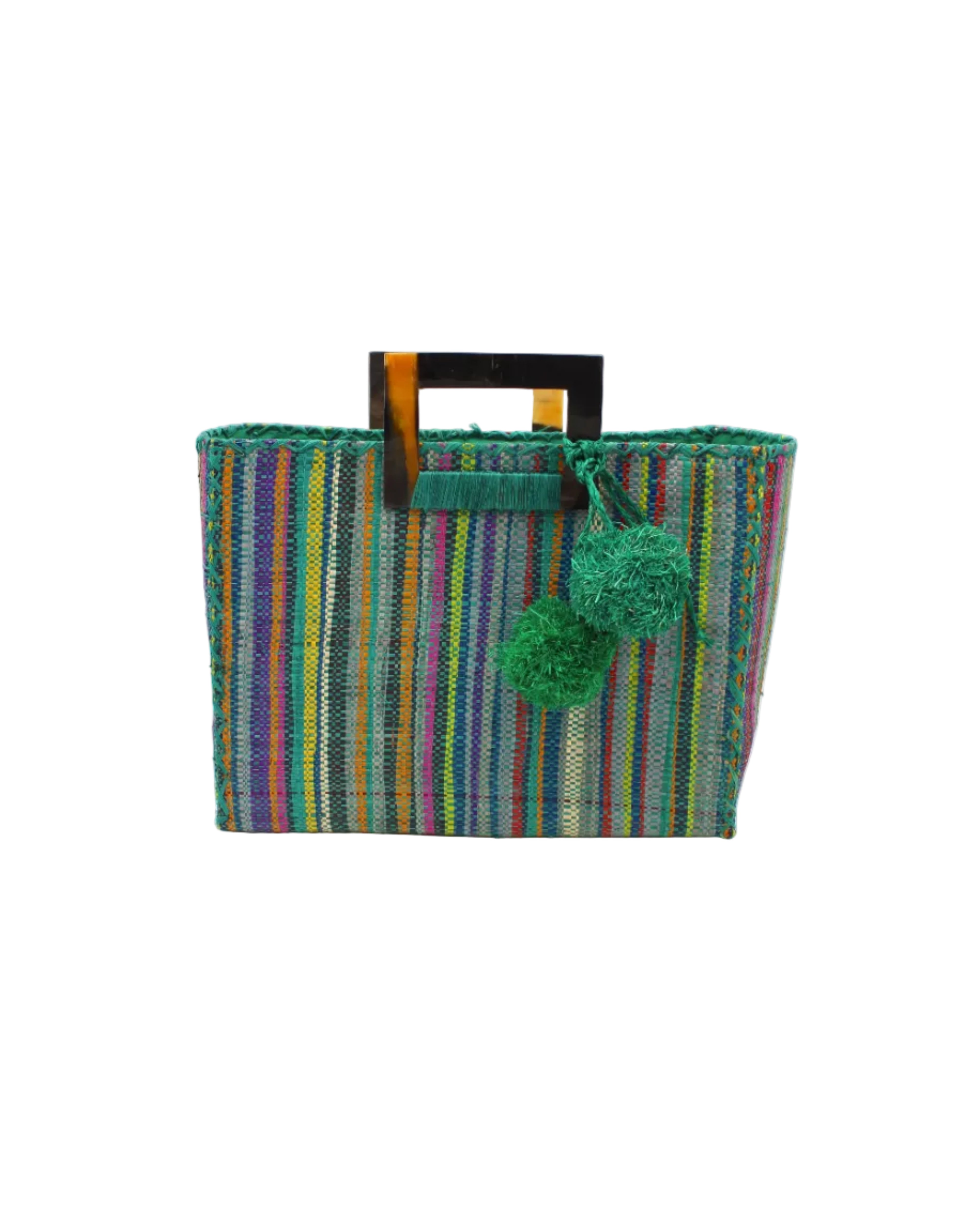 Stevie Square Turquoise Stripes Multicolor Straw Handbag with Horn Handles handmade loomed raffia with turquoise, navy, light blue, purple, red, black, fuchsia, orange, yellow, lime, etc. varying width vertical stripe pattern purse with matching turquoise liner, cross stitch edging, handle attachment, and crochet doily tassel embellishment - Shebobo