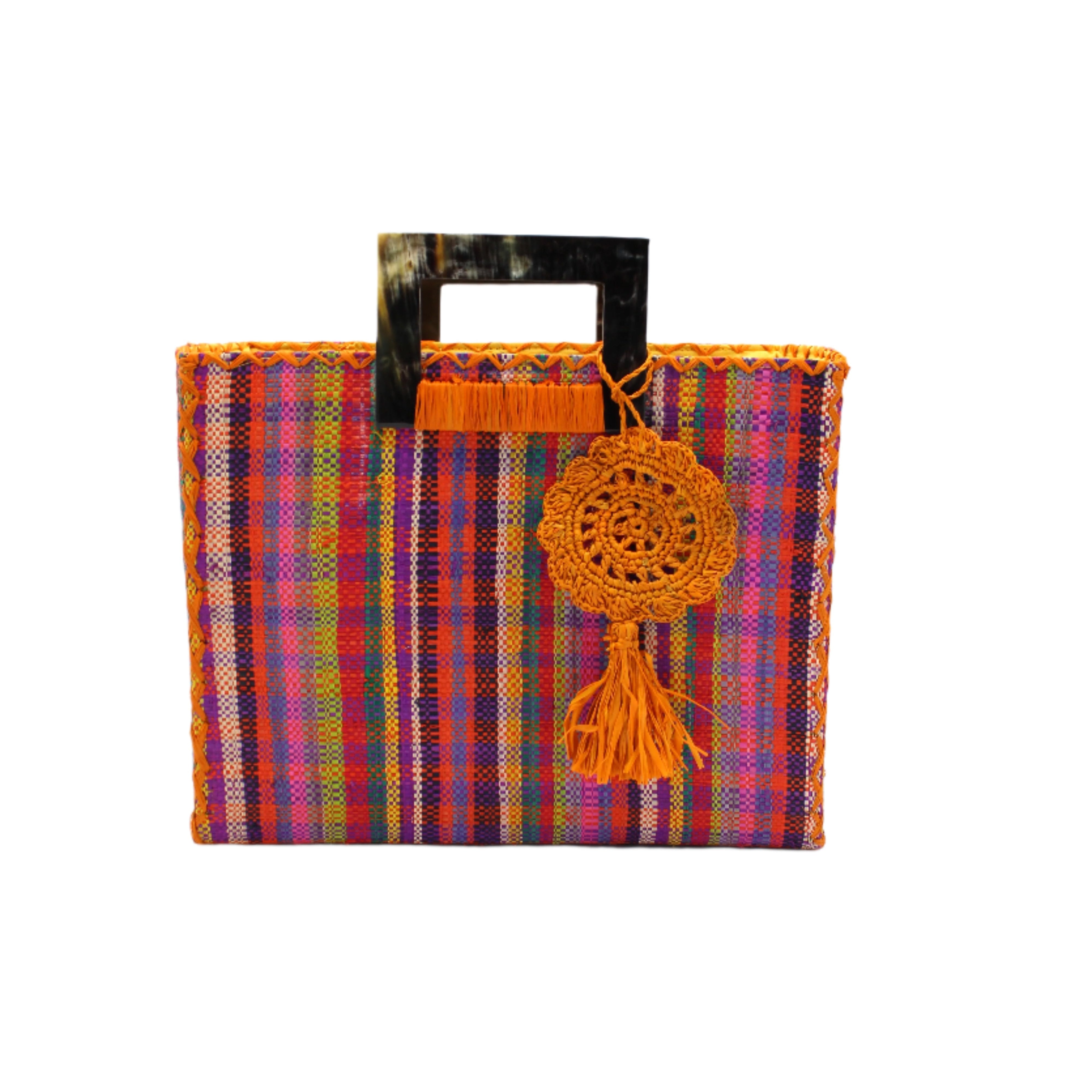 Stevie Square Whidby Gingham Multicolor Straw Handbag with Horn Handles handmade loomed raffia with purple, yellow, saffron, natural, red, green, blue, pink, etc. petite gingham plaid pattern purse with matching purple liner, cross stitch edging, handle attachment, and crochet doily tassel charm embellishment - Shebobo